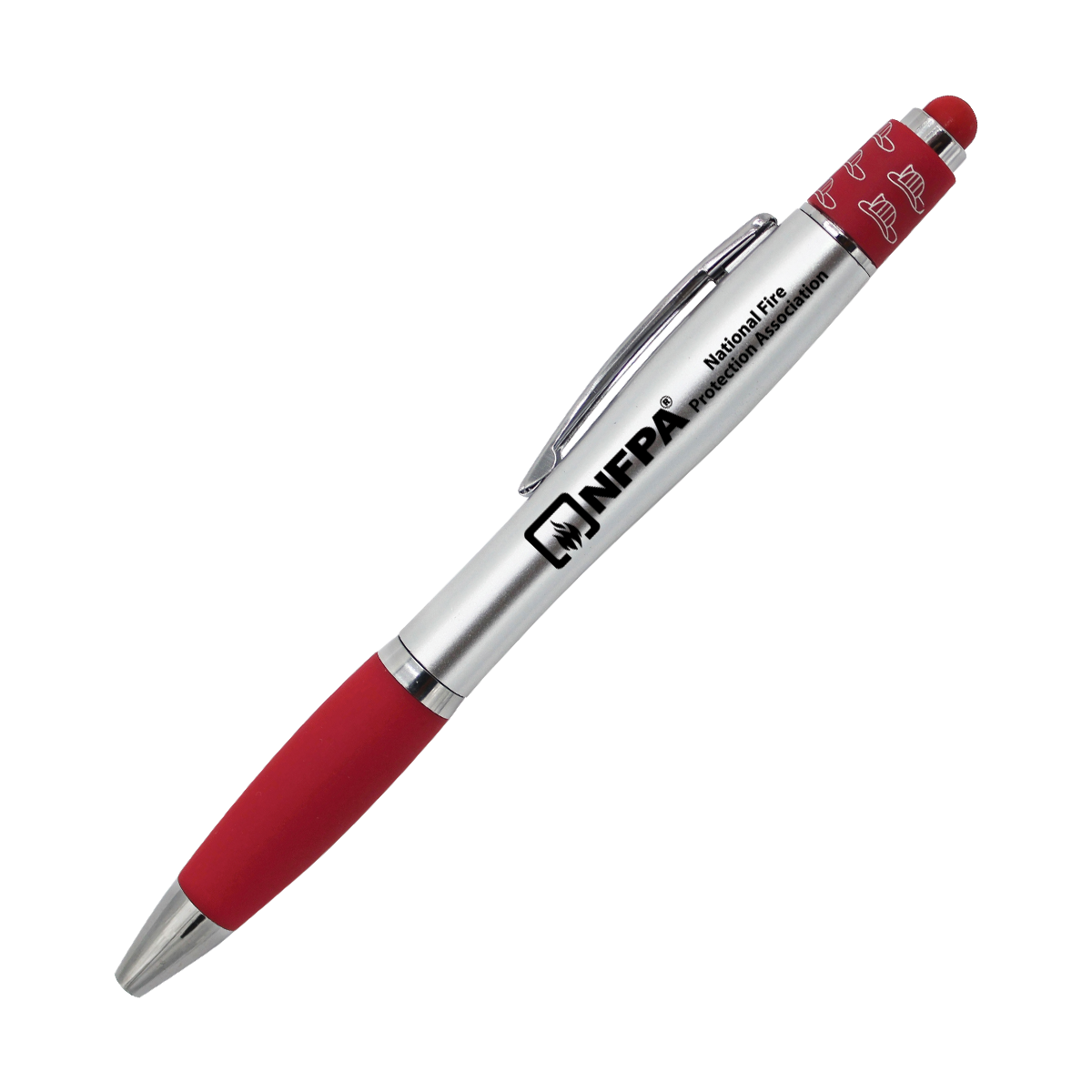Red Fire Spin Top Stylus Pen featuring a fire helmet-shaped fidget spinner, chrome accents, a contoured barrel, and matching silicone stylus tip for writing and touchscreen use.