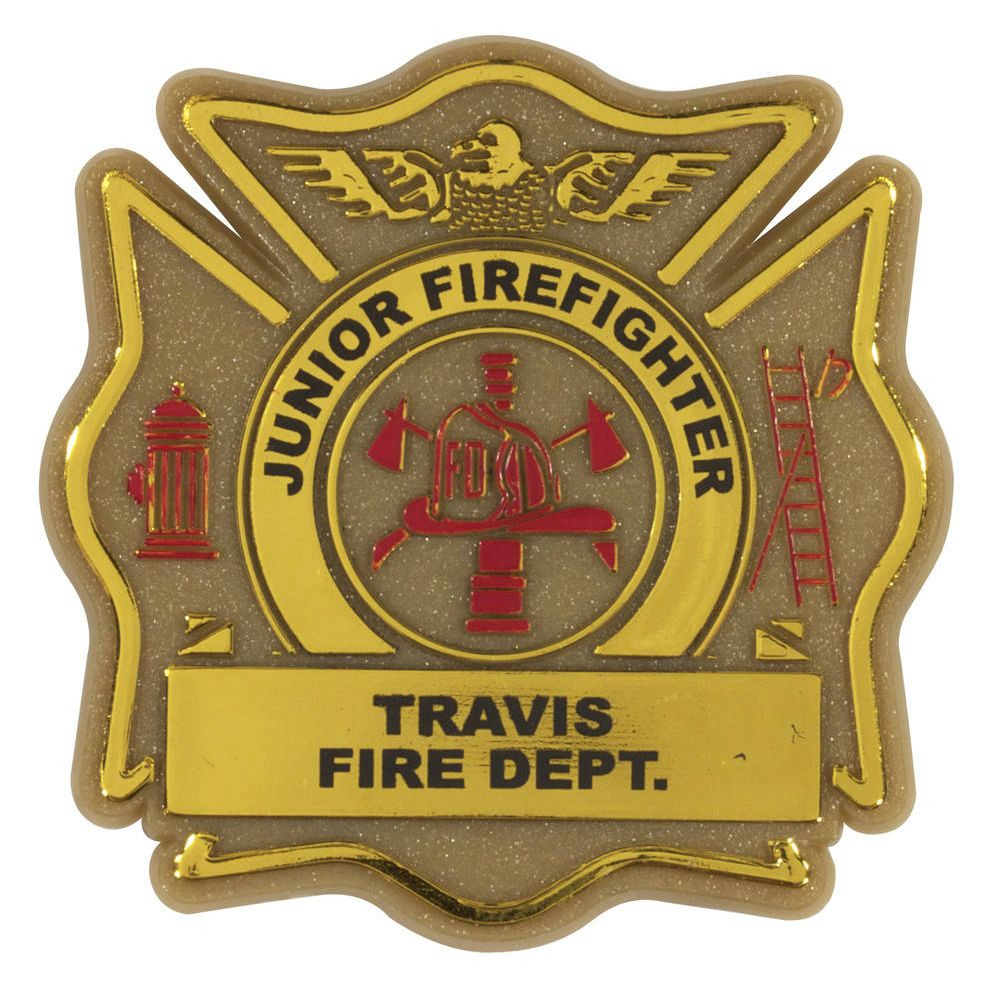 Shiny gold Maltese Cross Badge with red accents, two customizable imprint areas, and a rear clip for attaching to clothing, bags, or other items for promotional branding.