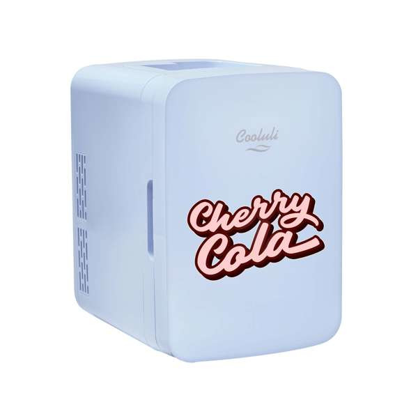 White Full Color 10L Mini Fridge with Door Imprint, white plastic body with full-color customizable door, compact shelves and door storage for chilling or warming beverages and snacks