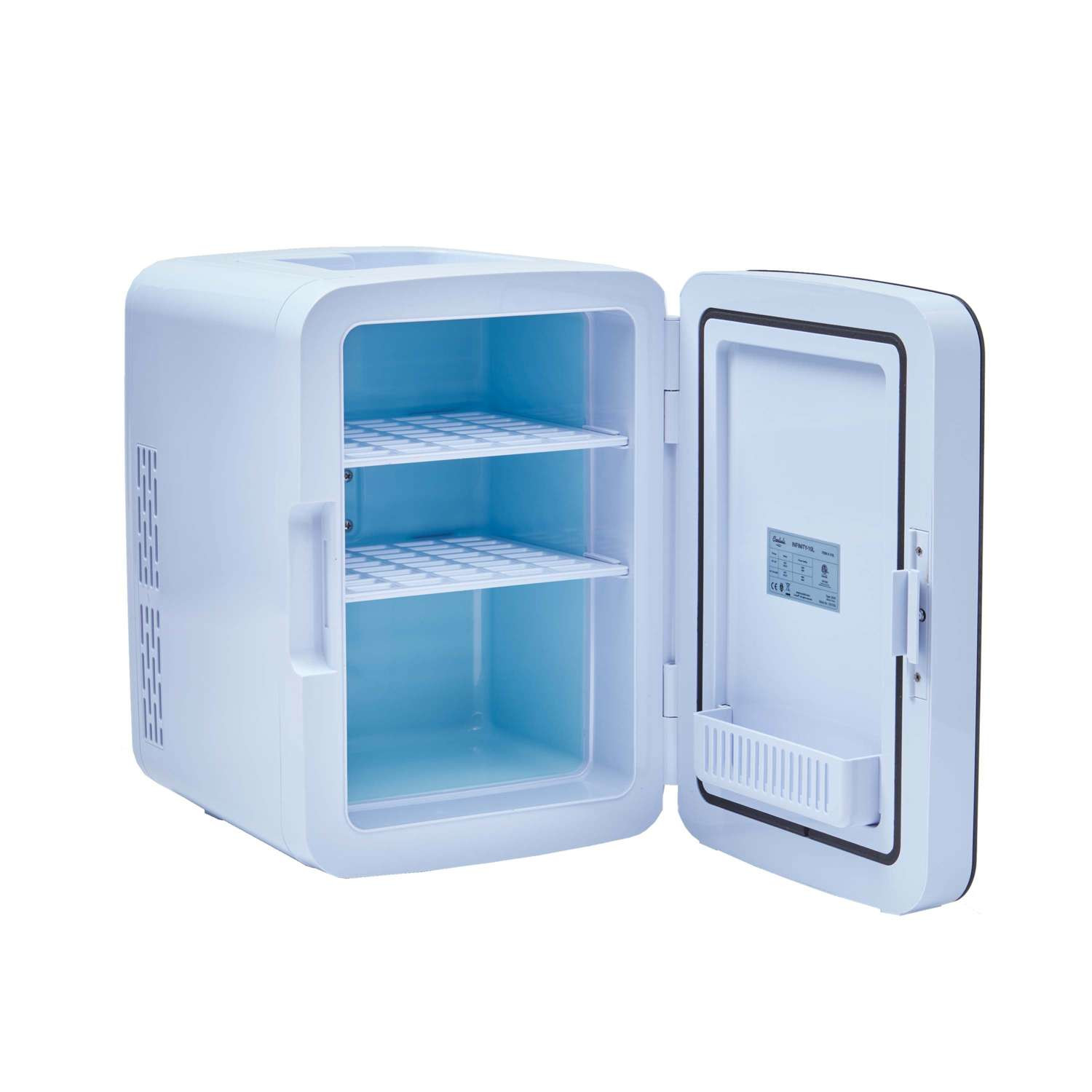 Inside of White Full Color 10L Mini Fridge with Door Imprint, white plastic body with full-color customizable door, compact shelves and door storage for chilling or warming beverages and snacks