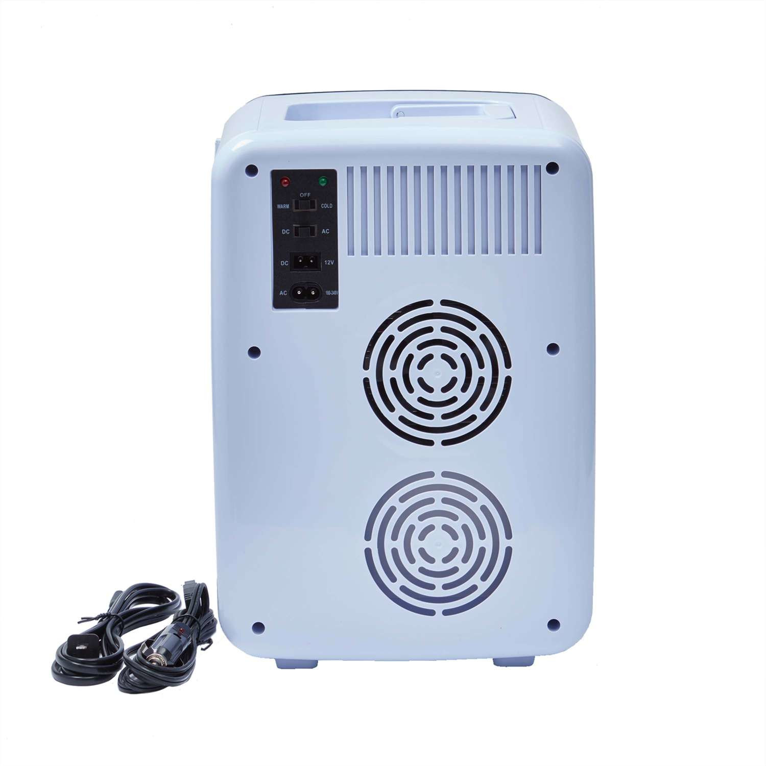 Back details of White Full Color 10L Mini Fridge with Door Imprint, white plastic body with full-color customizable door, compact shelves and door storage for chilling or warming beverages and snacks