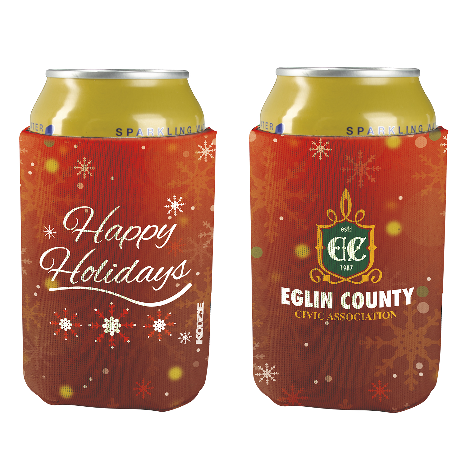 Koozie® britePix® Holiday Can Cooler in a festive holiday design, made from flexible foam with a fold-flat construction for carrying and keeping canned beverages cooler.