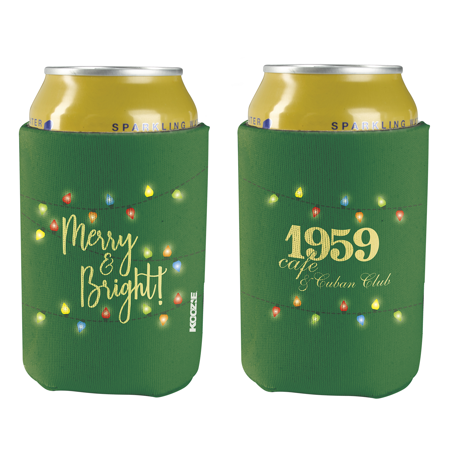 Koozie® britePix® Holiday Can Cooler in a festive holiday design, made from flexible foam with a fold-flat construction for carrying and keeping canned beverages cooler.
