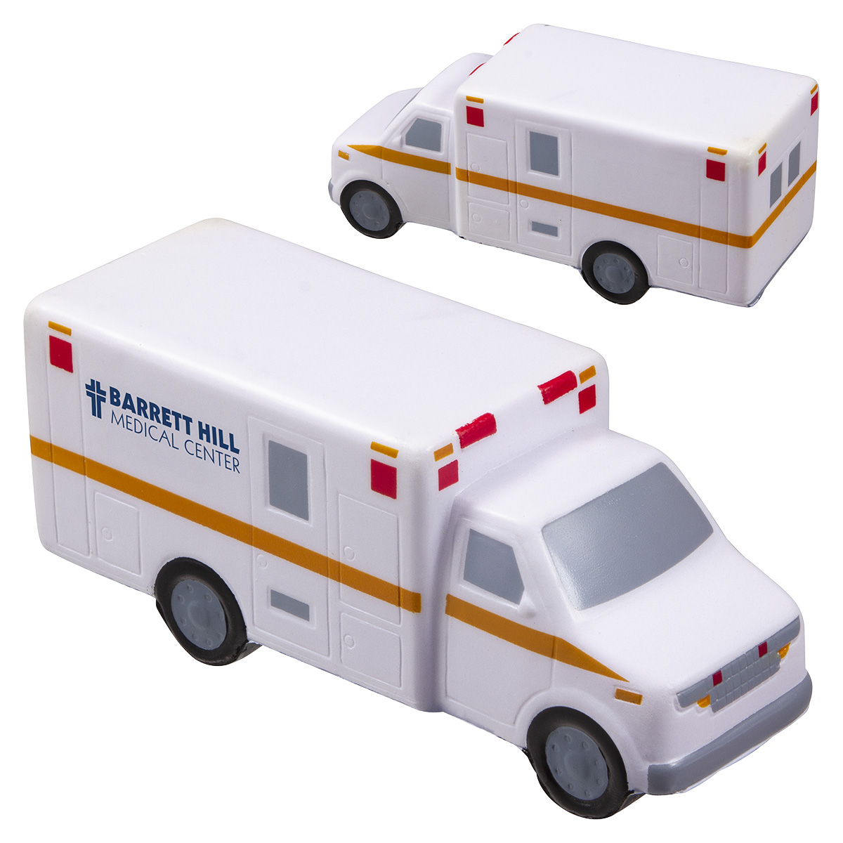 White ambulance-shaped polyurethane stress reliever with orange and black vehicle details, a compact squeezable design, and a playful emergency vehicle-inspired appearance.