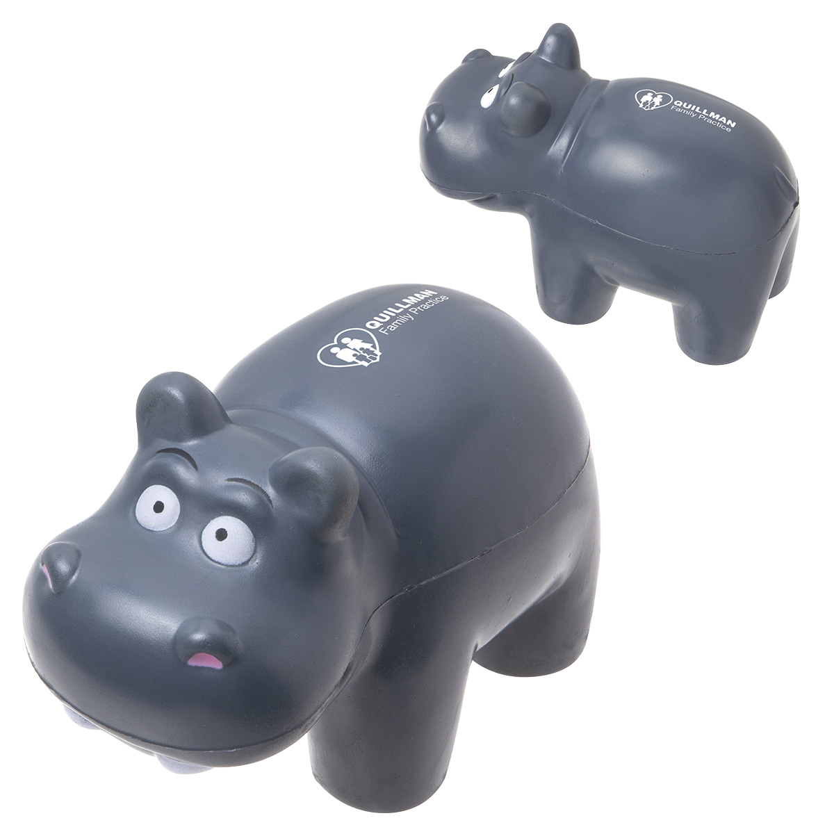 Hippo-shaped polyurethane stress reliever with a friendly animal design and squeezable body for stress relief and promotional use.