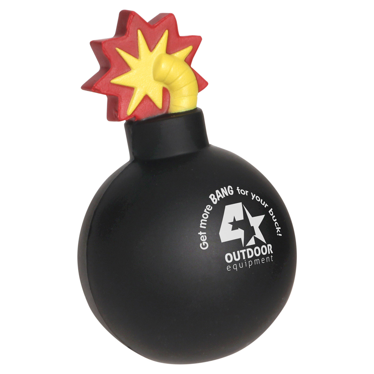 Bomb With Fuse Stress Reliever, soft polyurethane foam in a bomb shape with an attached fuse, designed for squeezing to relieve stress at a desk or office.
