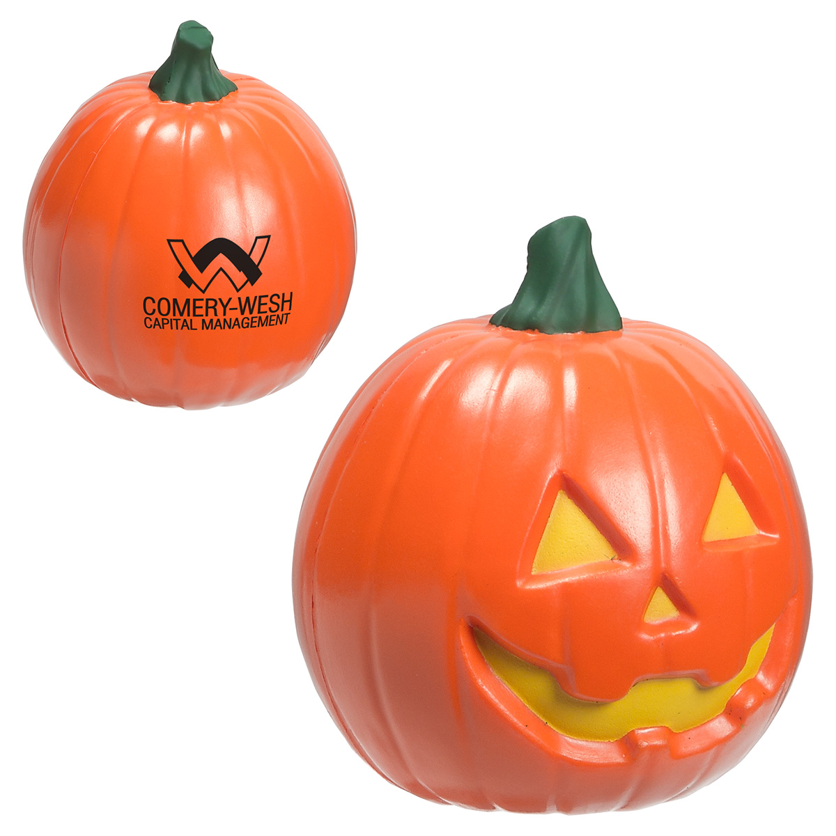 Jack O'Lantern Stress Reliever, a soft orange polyurethane pumpkin-shaped stress ball with a classic carved jack-o'-lantern face, designed for squeezing to relieve stress and tension.
