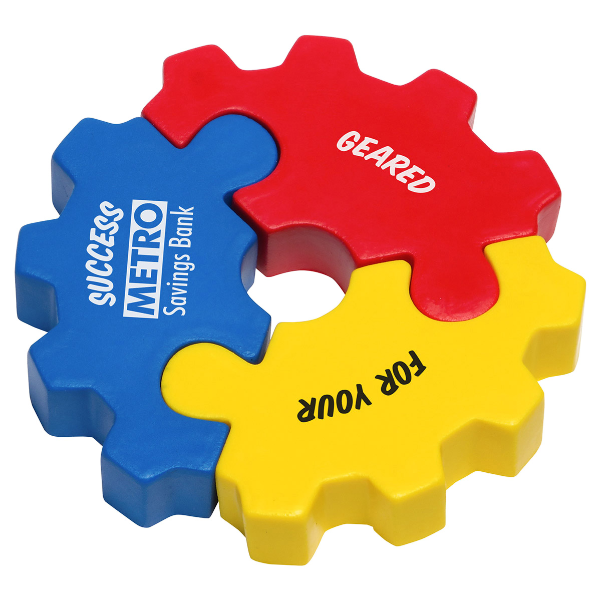 The 3 Piece Gear Puzzle Set Stress Reliever features three interlocking gear pieces in a compact design, providing a hands-on desk accessory for stress relief and mental engagement.