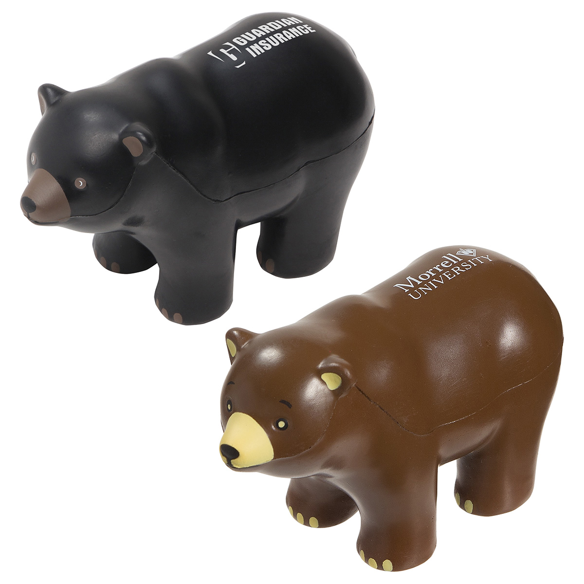 Black bear and Brown bear-shaped polyurethane stress reliever with a soft squeezable design for promotional giveaways and stress relief.