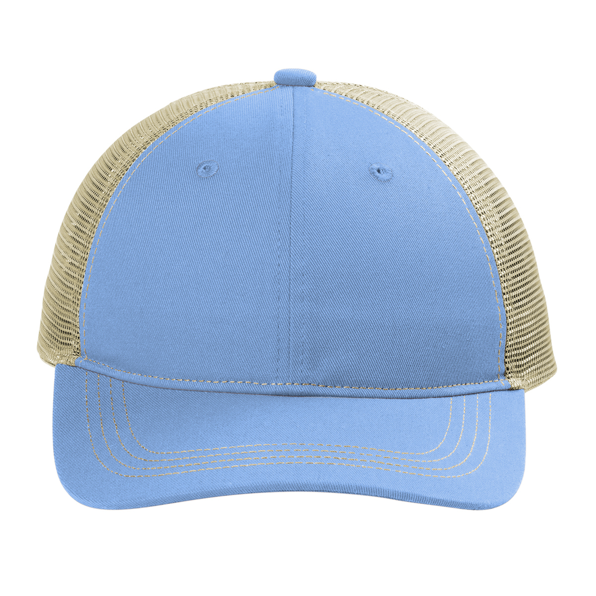 Low-profile unstructured trucker cap with a cotton twill front and bill, polyester mesh panels, and an adjustable snapback closure.