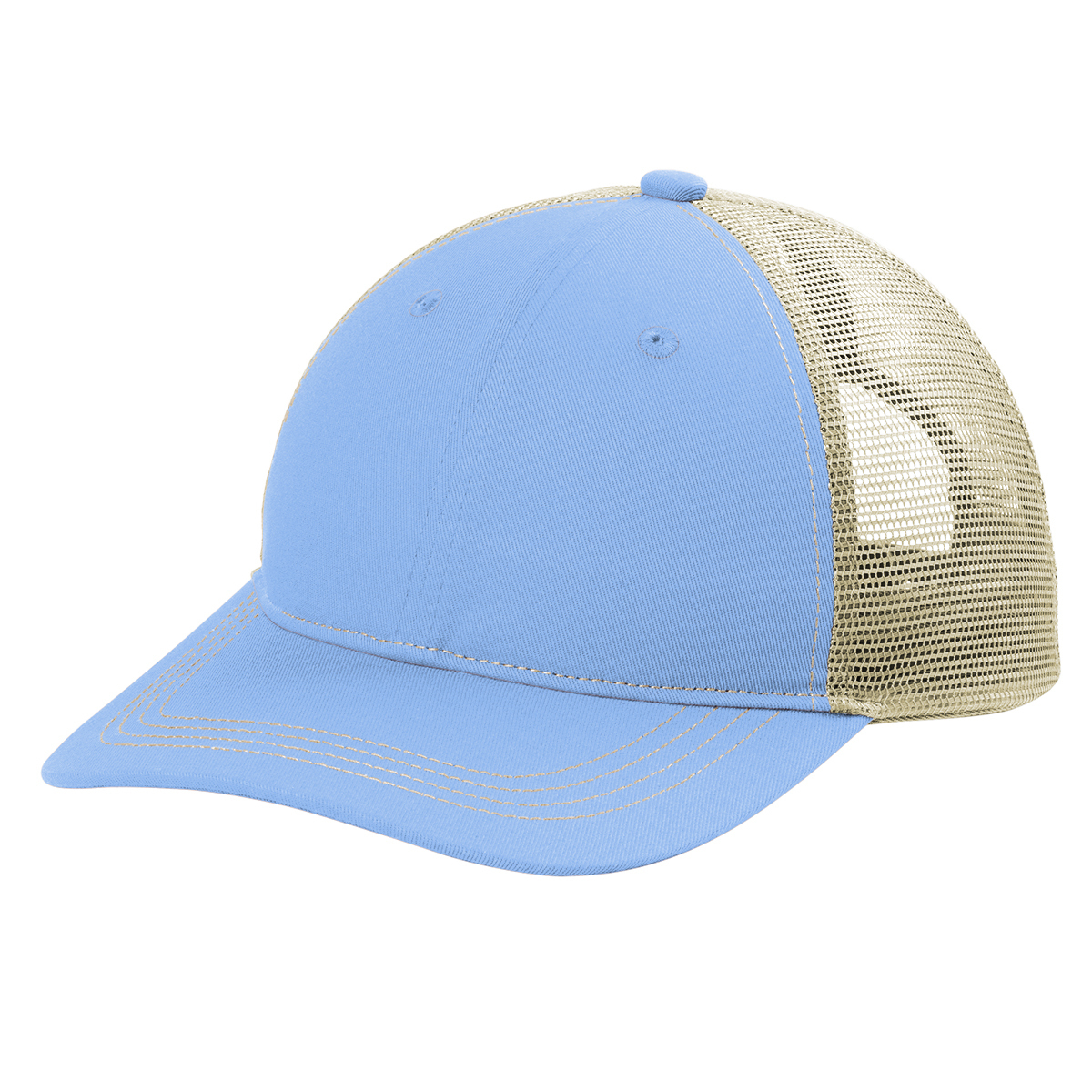 Low-profile unstructured trucker cap with a cotton twill front and bill, polyester mesh panels, and an adjustable snapback closure.