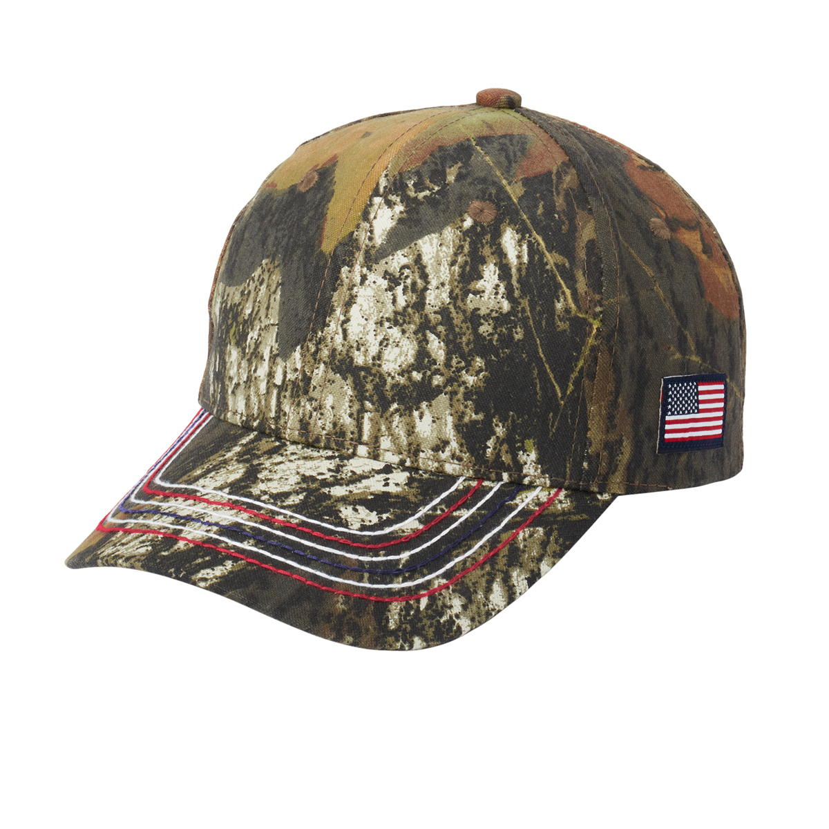 Camo cap with embroidered flag label and contrast stitching on the bill.