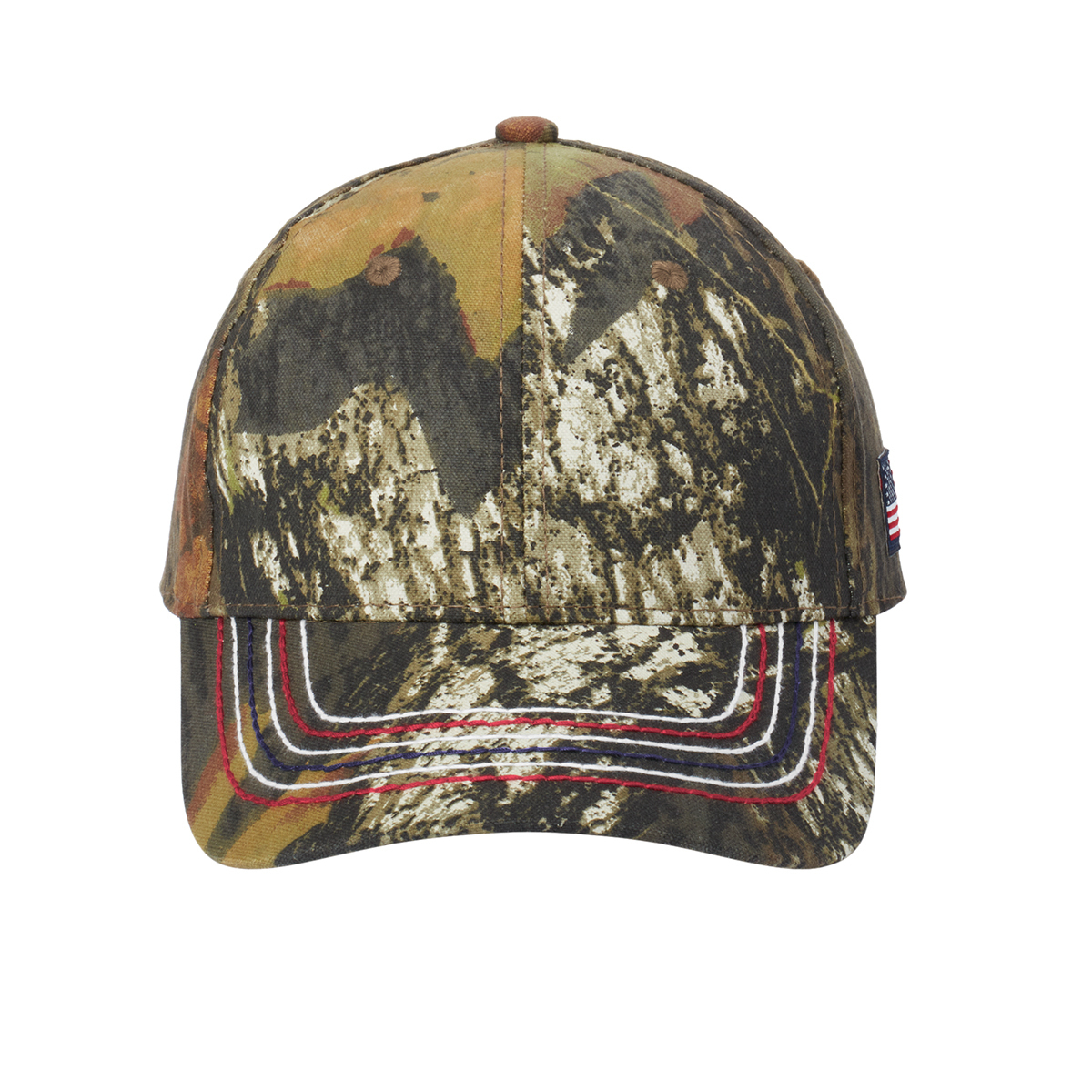 Camo cap with embroidered flag label and contrast stitching on the bill.