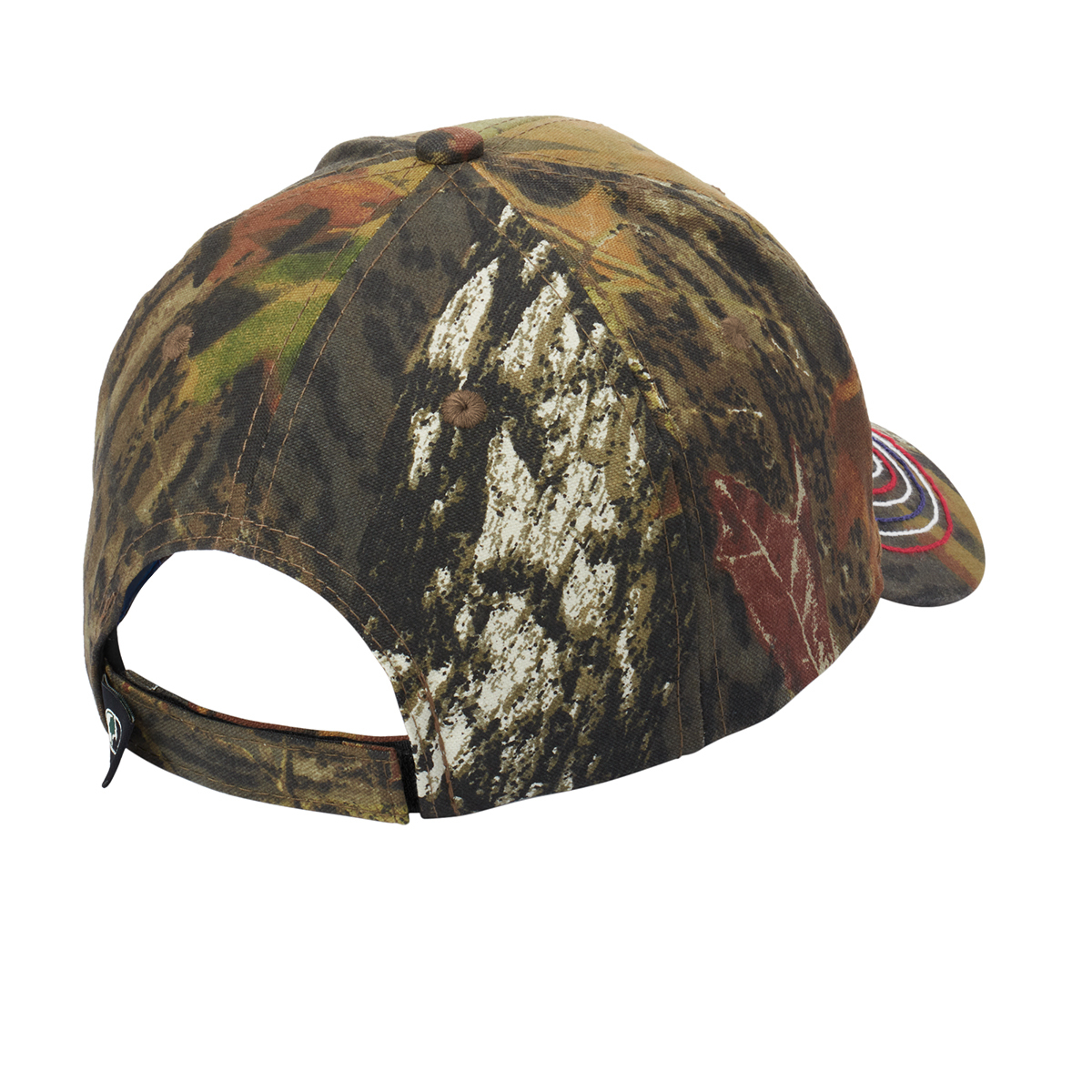 Camo cap with embroidered flag label and contrast stitching on the bill.