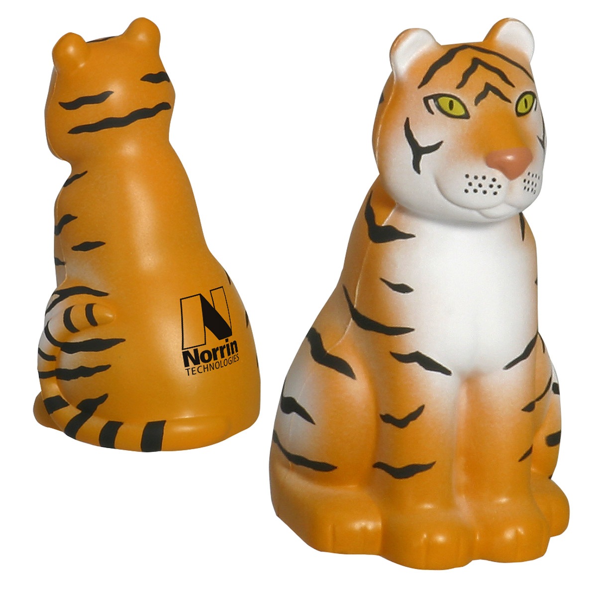 Sitting tiger-shaped stress reliever in soft orange material with black tiger stripes, a playful seated design, and a compact squeezable shape for relieving stress at a desk or workspace.