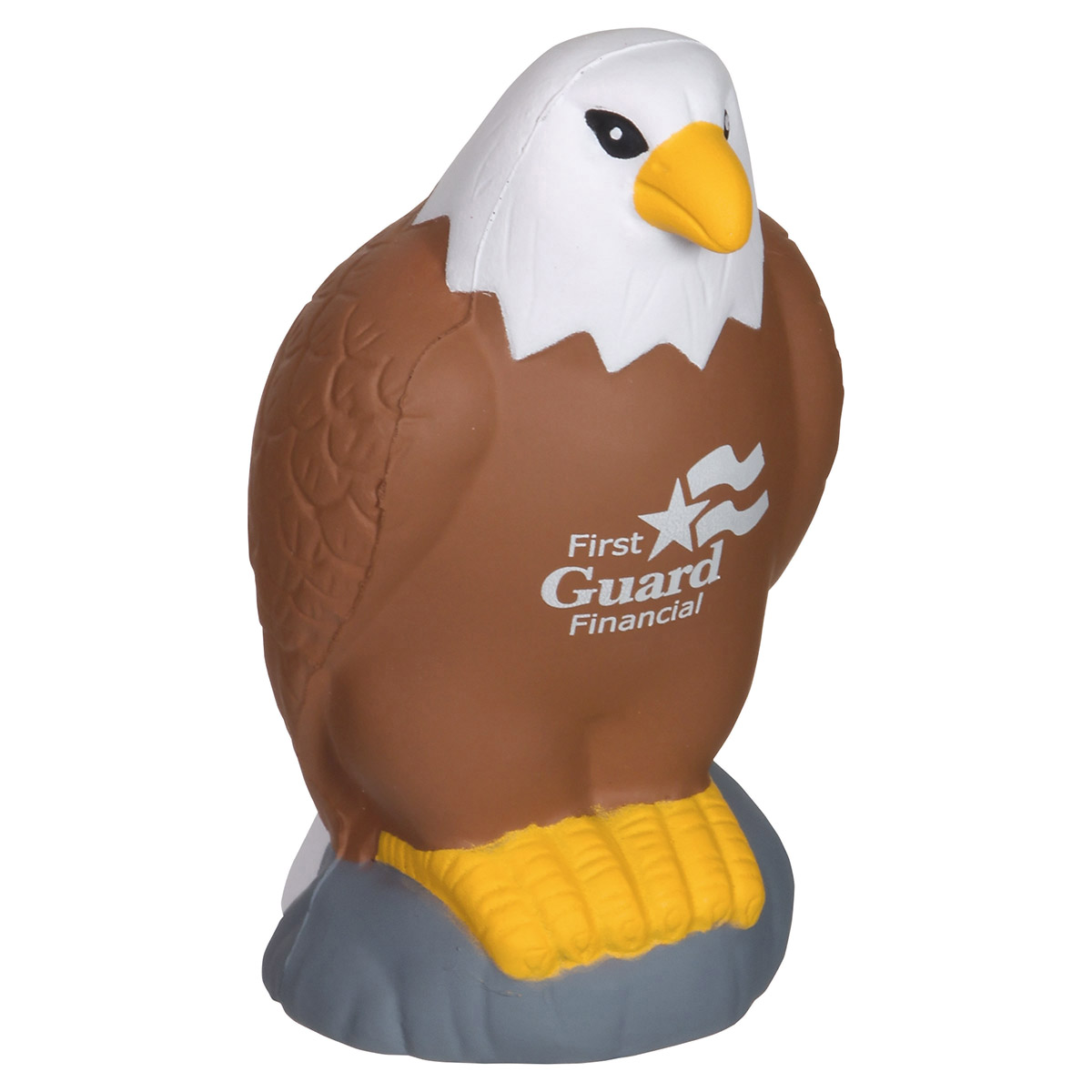 Eagle-shaped stress reliever made of soft, squeezable material, featuring a detailed eagle design and compact size for desk or hand-held stress relief.
