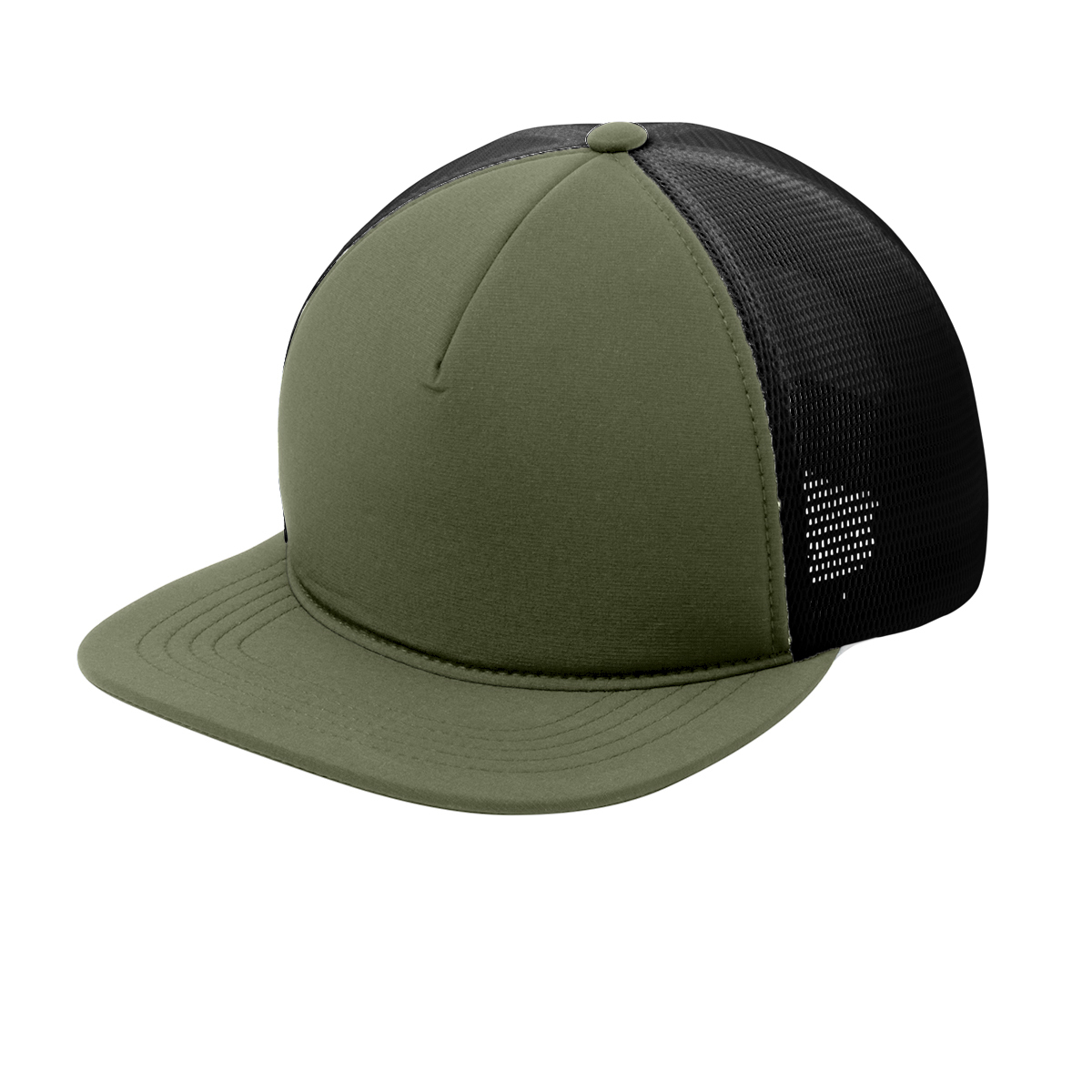 Mid-profile 5-panel stretch cap with breathable mesh, crushable brim, and adjustable buckle closure.