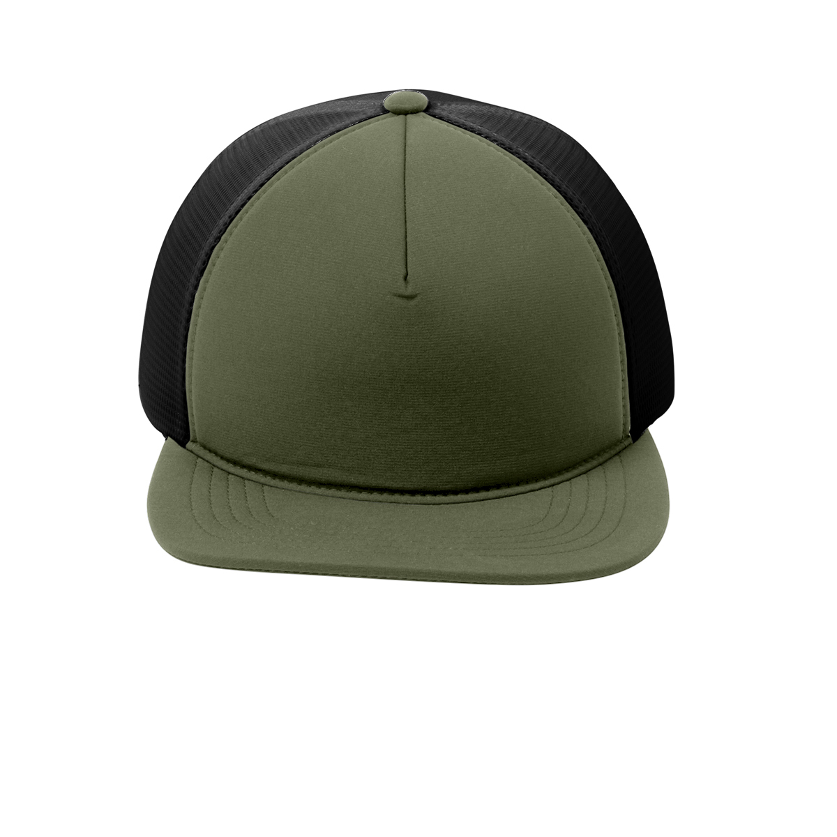 Mid-profile 5-panel stretch cap with breathable mesh, crushable brim, and adjustable buckle closure.