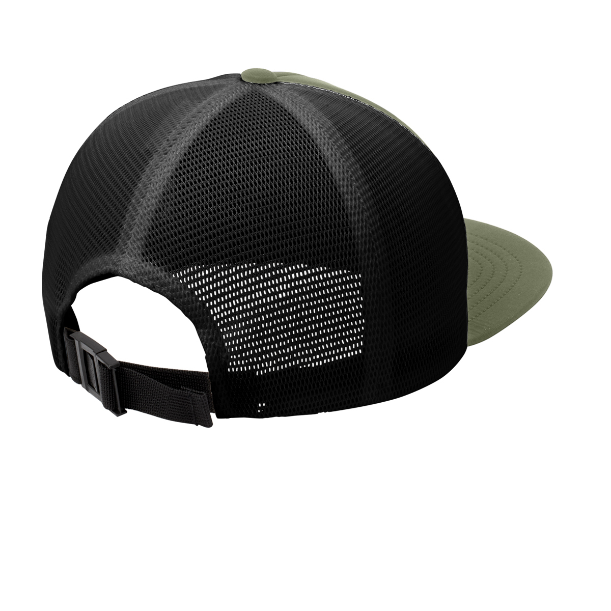 Mid-profile 5-panel stretch cap with breathable mesh, crushable brim, and adjustable buckle closure.