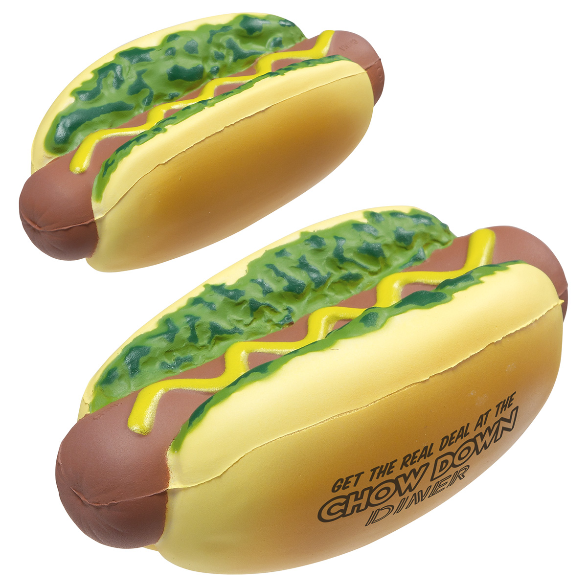 Hot dog-shaped polyurethane stress reliever with a soft, squeezable design and customizable imprint area.
