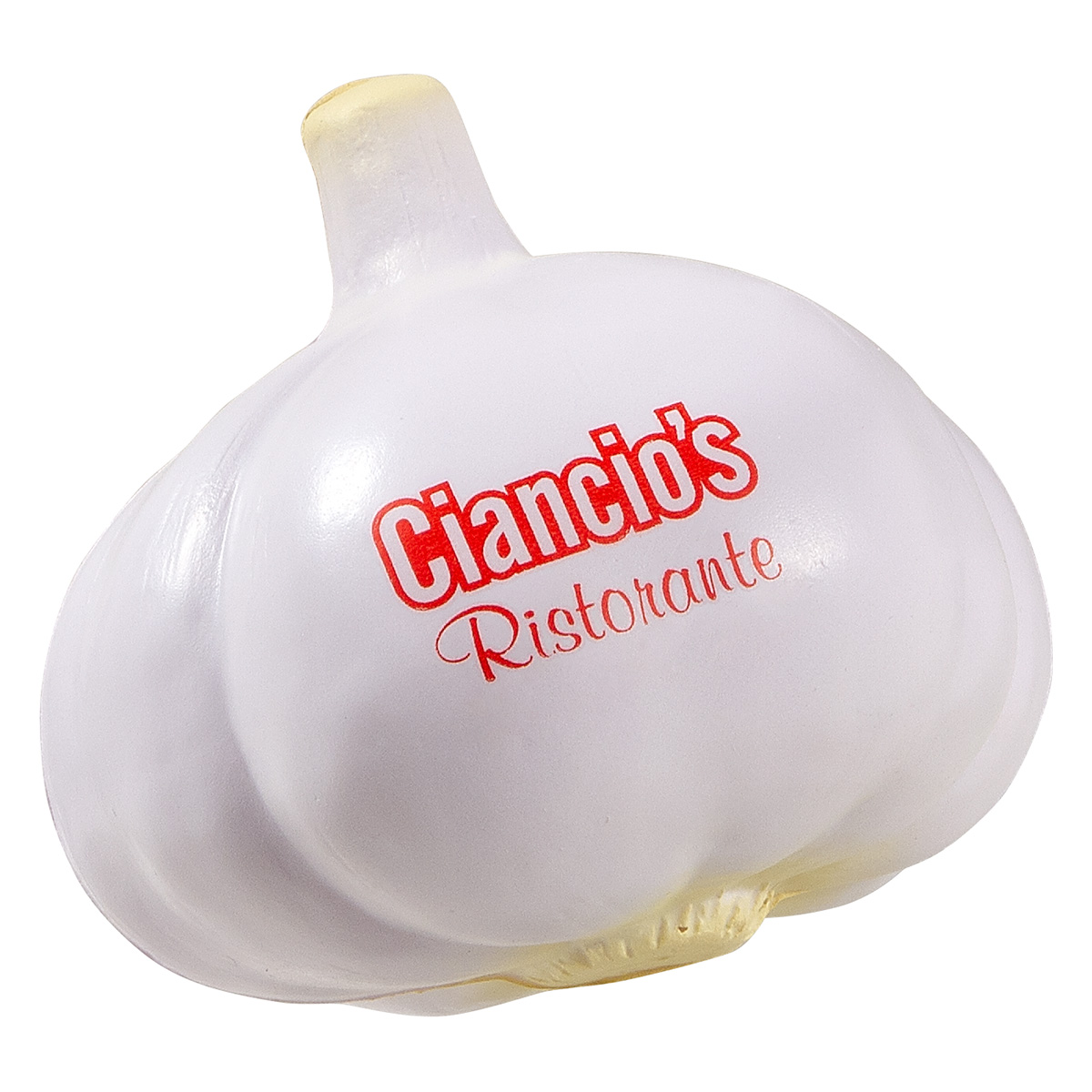 Garlic Bulb Shaped Stress Reliever with a soft, squeezable white garlic bulb design and green stem, ideal for stress relief at desks, offices, and workspaces.