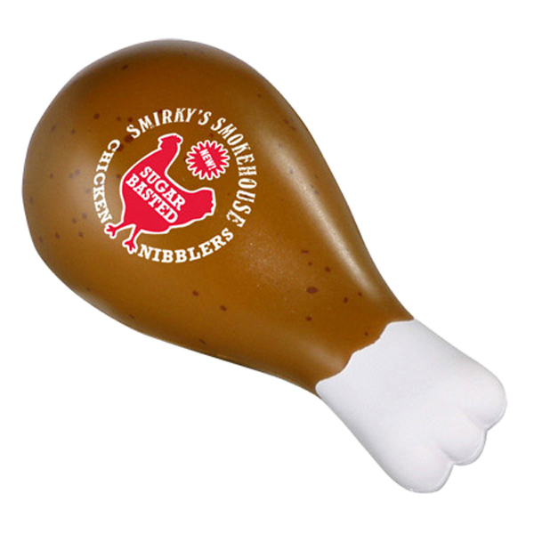 Drumstick-shaped polyurethane stress reliever featuring a realistic food-inspired design and soft, squeezable construction.
