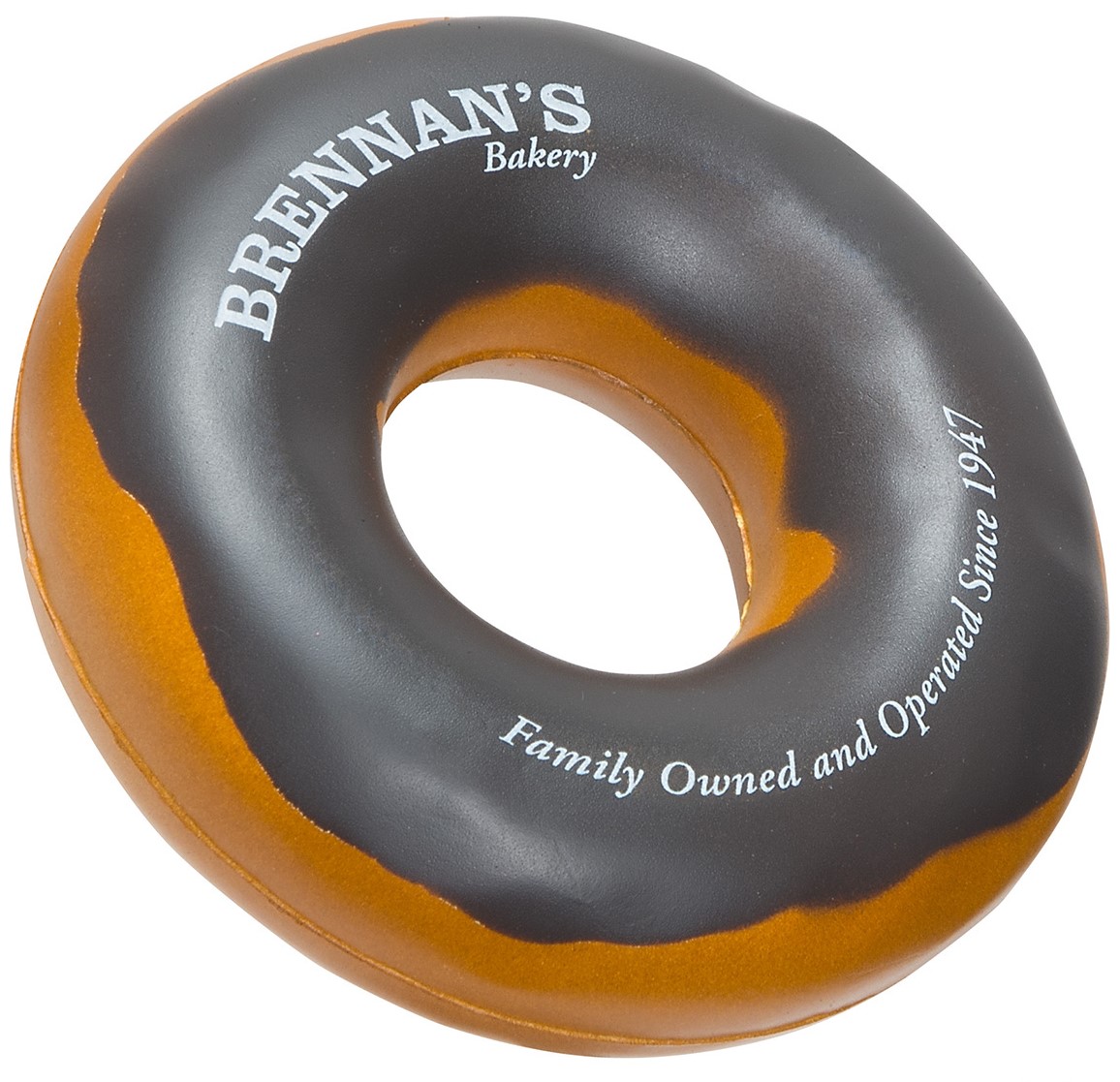 Donut-shaped polyurethane stress reliever featuring a soft, squeezable design with a fun frosted pastry appearance.
