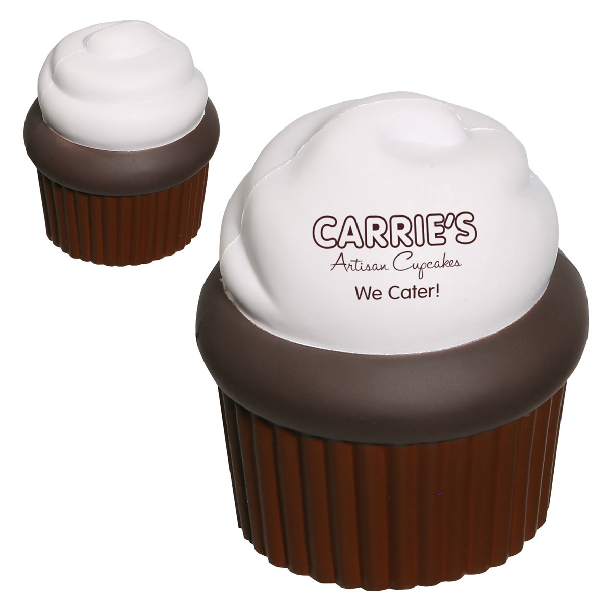 Cupcake-shaped polyurethane stress reliever featuring a soft, squeezable design with a playful dessert-inspired appearance.