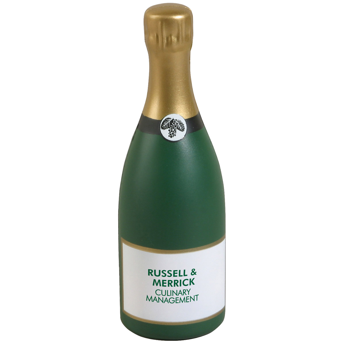 Champagne bottle-shaped polyurethane stress reliever featuring a soft, squeezable design with a celebratory beverage-inspired appearance.