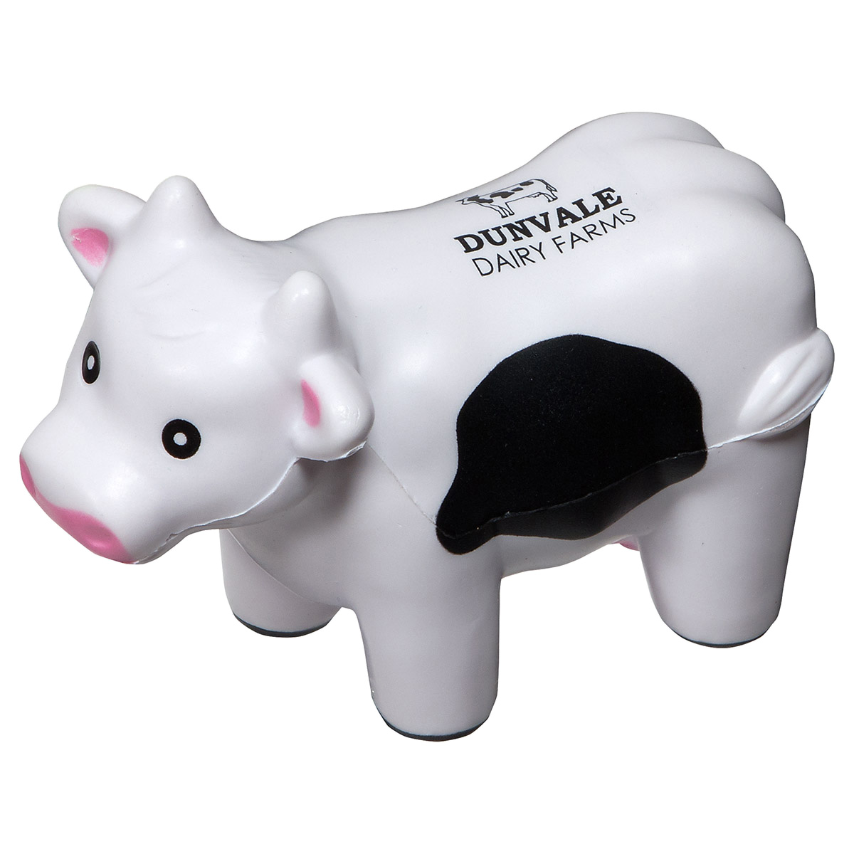 Milk Cow Stress Reliever, white and black cow-shaped polyurethane squeeze toy for stress relief, compact desk accessory for promotional use.