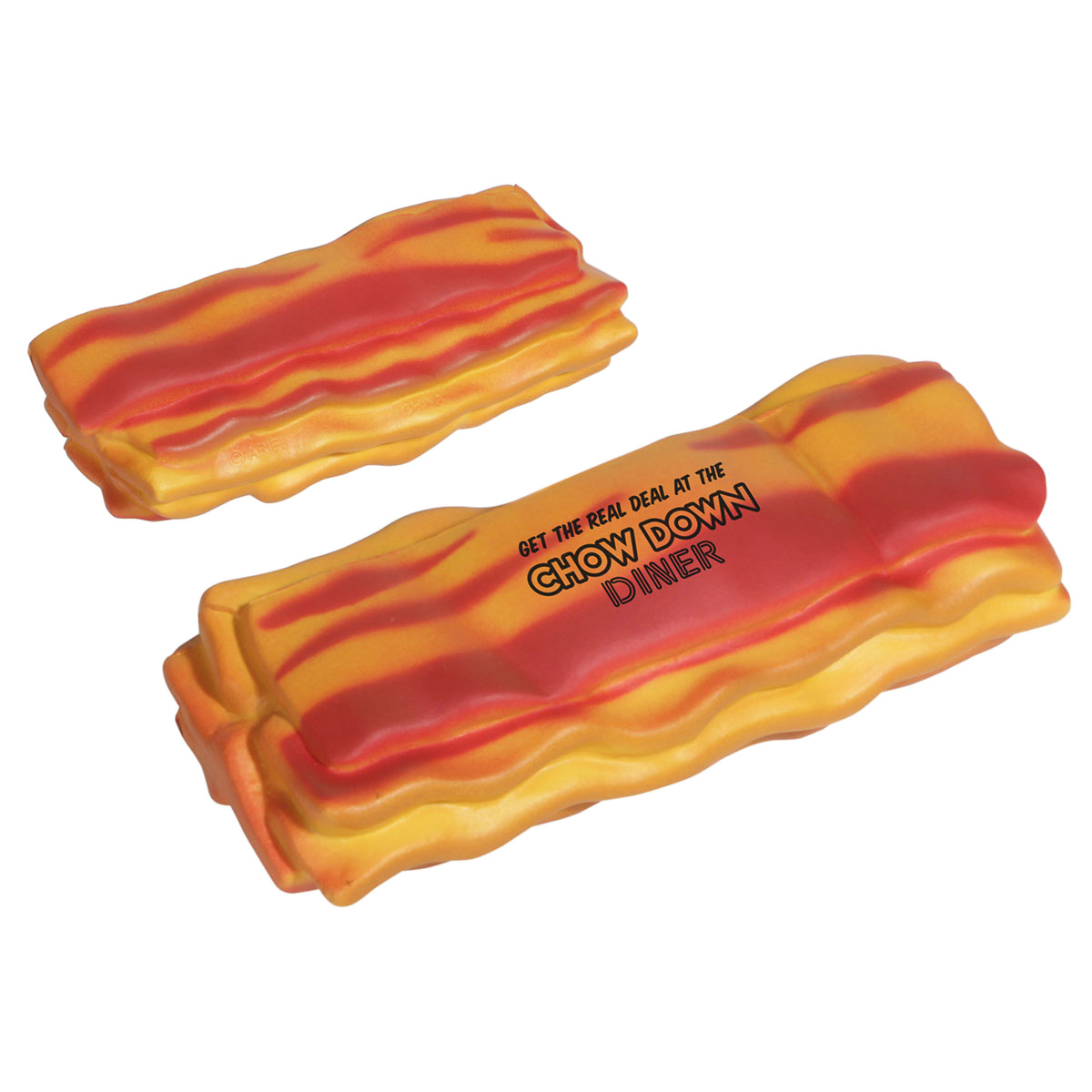 Bacon-shaped polyurethane stress reliever featuring a soft, squeezable construction and a playful food-inspired design.