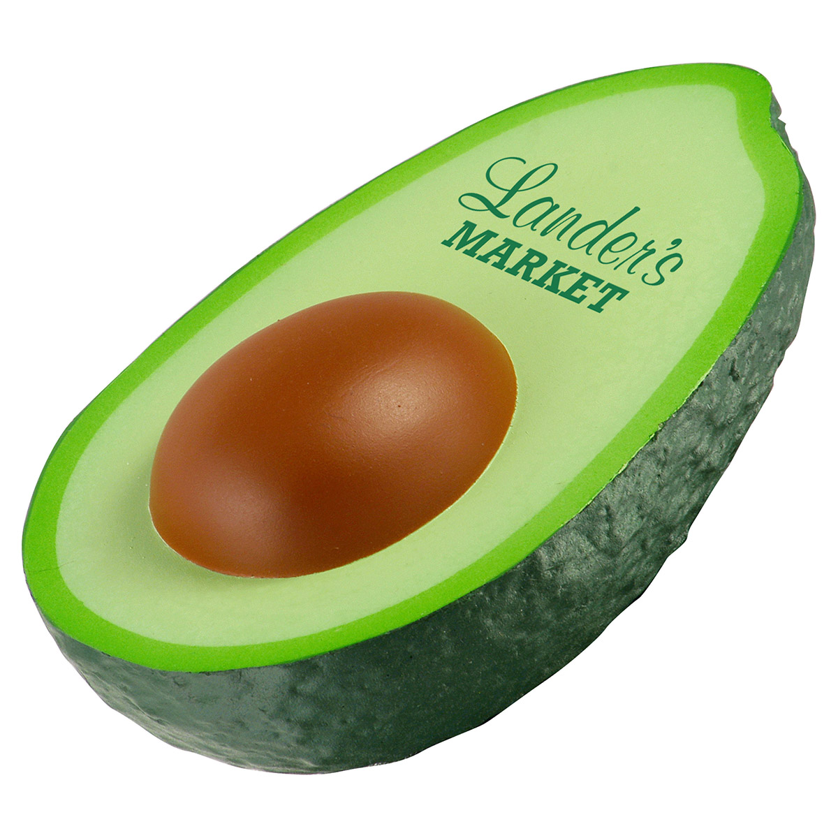 Green avocado-shaped polyurethane stress reliever featuring a soft, squeezable construction and a recognizable avocado seed detail.