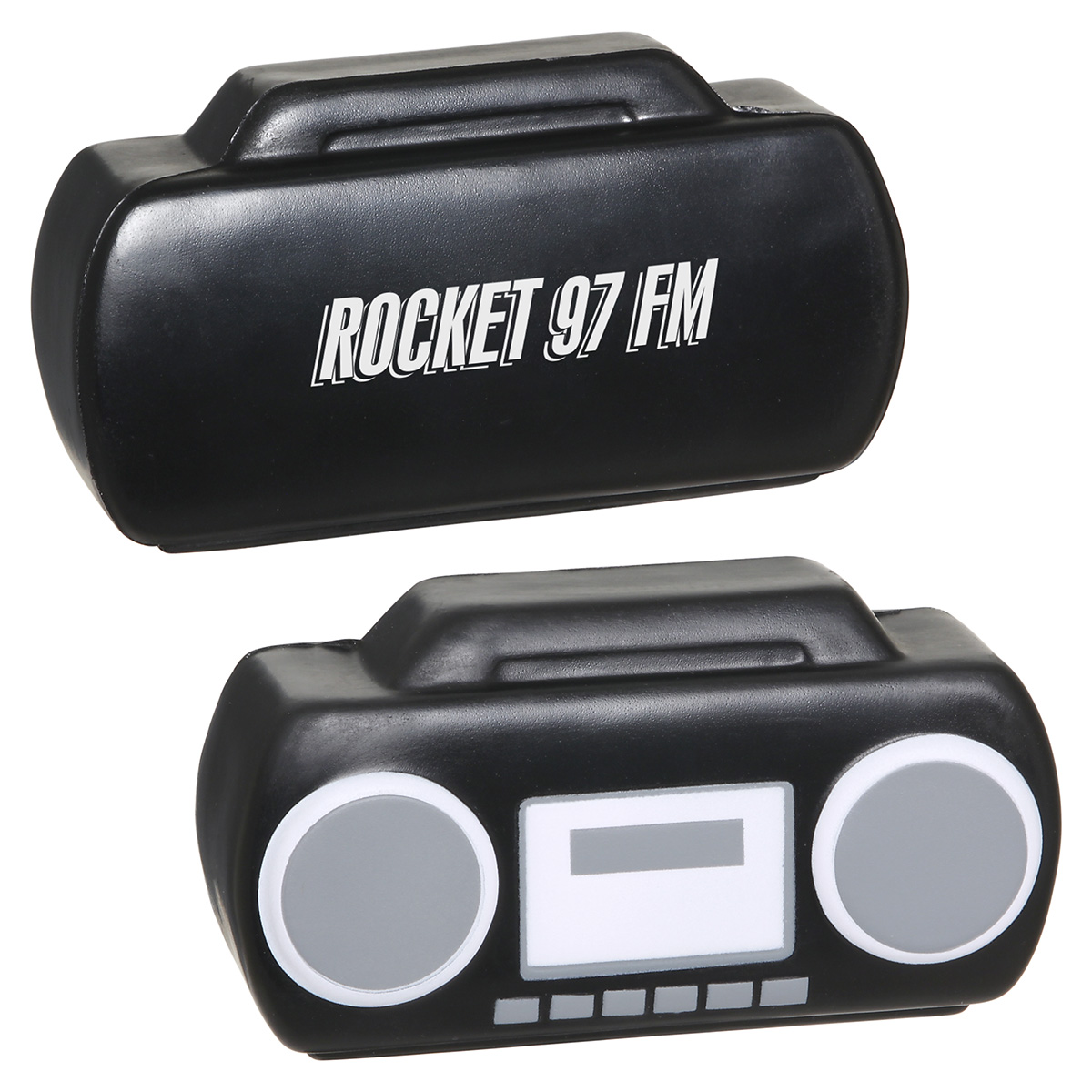 Stereo-shaped polyurethane stress reliever featuring a soft, squeezable construction and a classic music-inspired design.