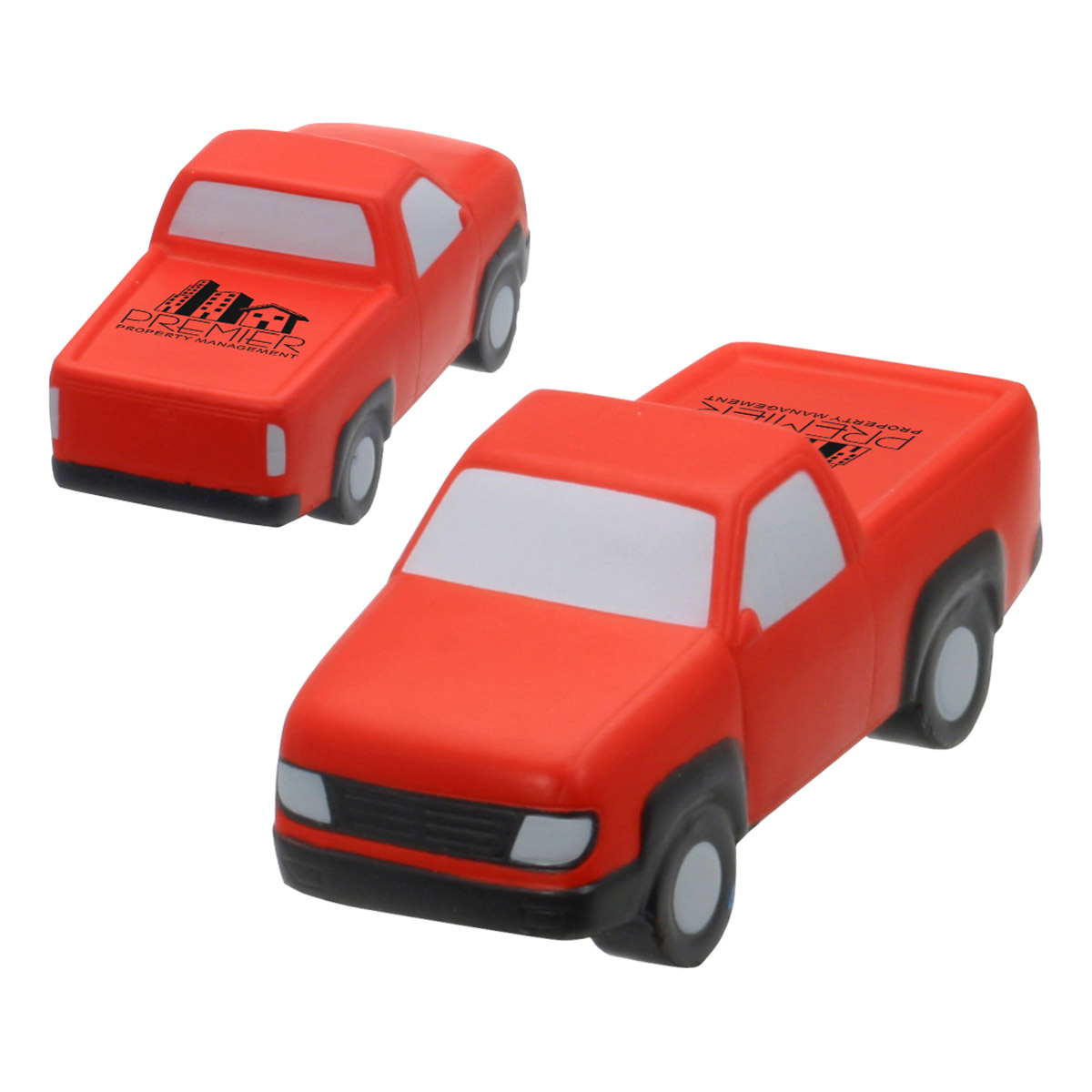 Pickup truck shaped stress reliever with a soft, squeezable foam construction, compact design, and automotive-inspired details for desk use and stress relief.