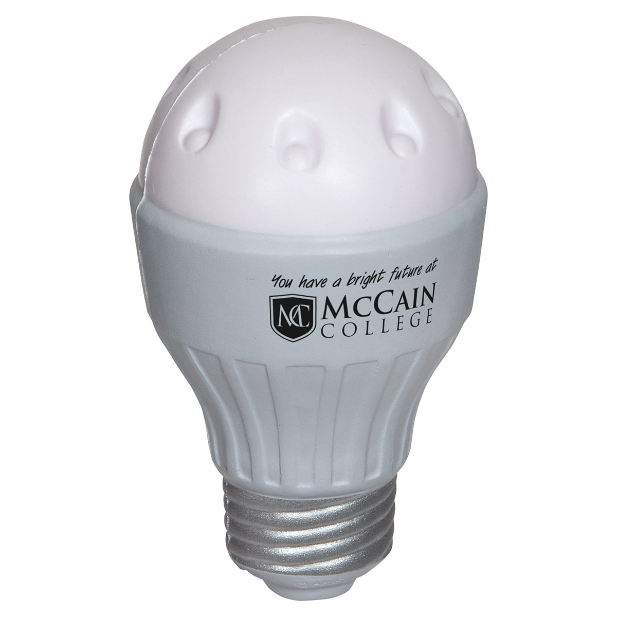 LED light bulb-shaped polyurethane stress reliever featuring a soft, squeezable construction and a distinctive lighting-inspired design.