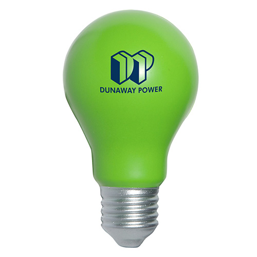 Green lightbulb-shaped polyurethane stress reliever displayed against a white background.