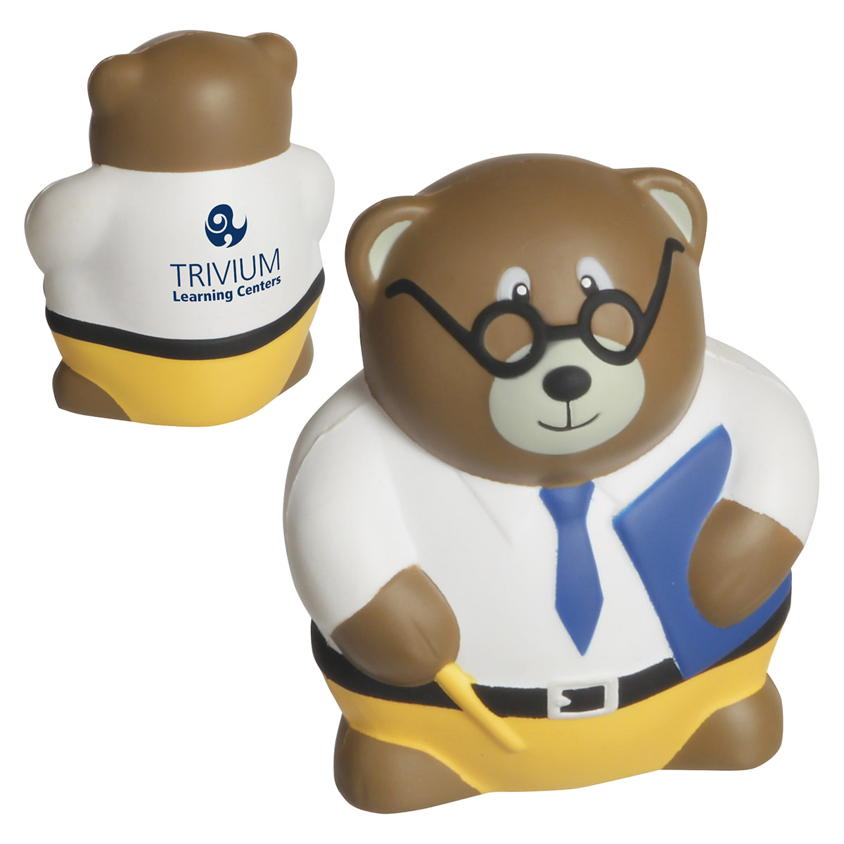 White teacher bear-shaped polyurethane stress reliever with a soft, squeezable construction and friendly education-themed design.