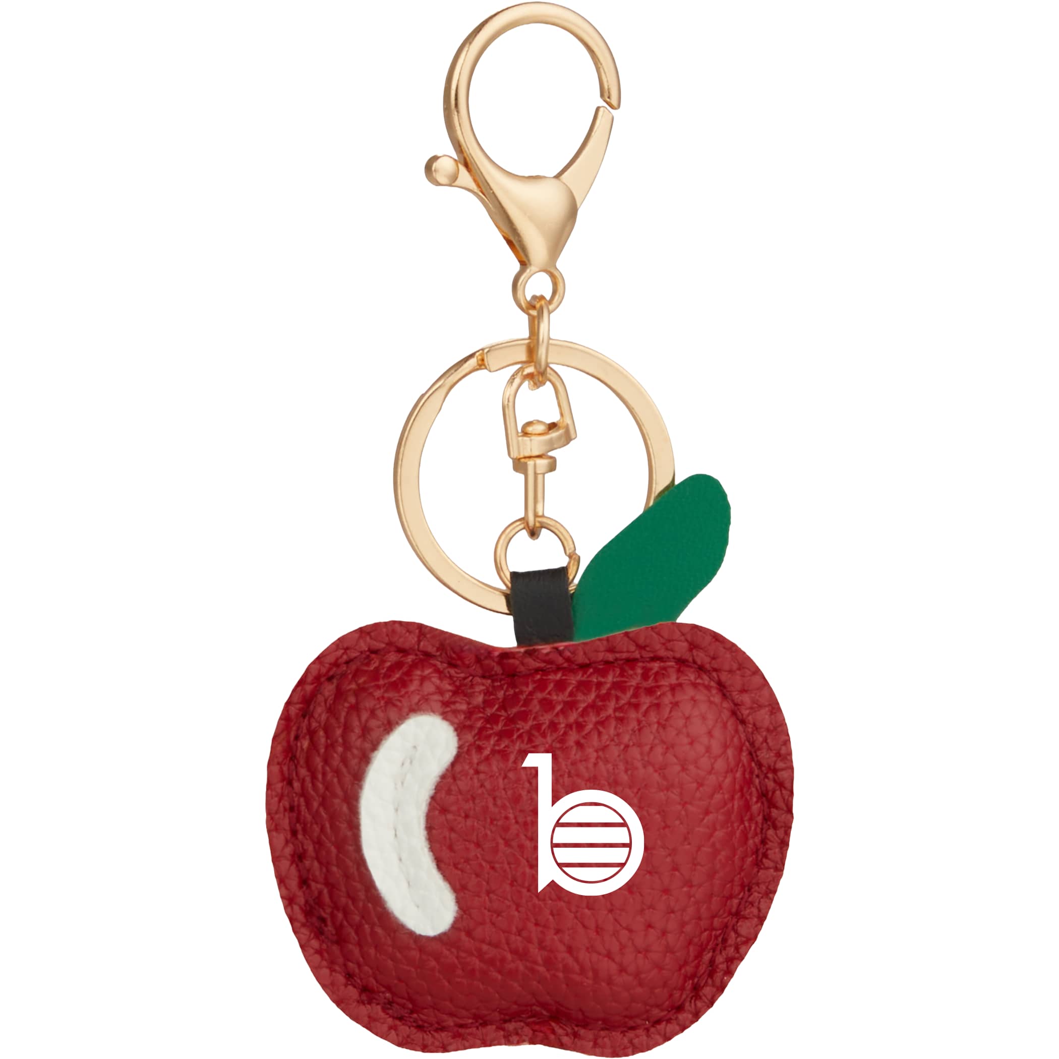 Apple-shaped PVC leather keychain with split key ring and lobster clip for easy attachment.