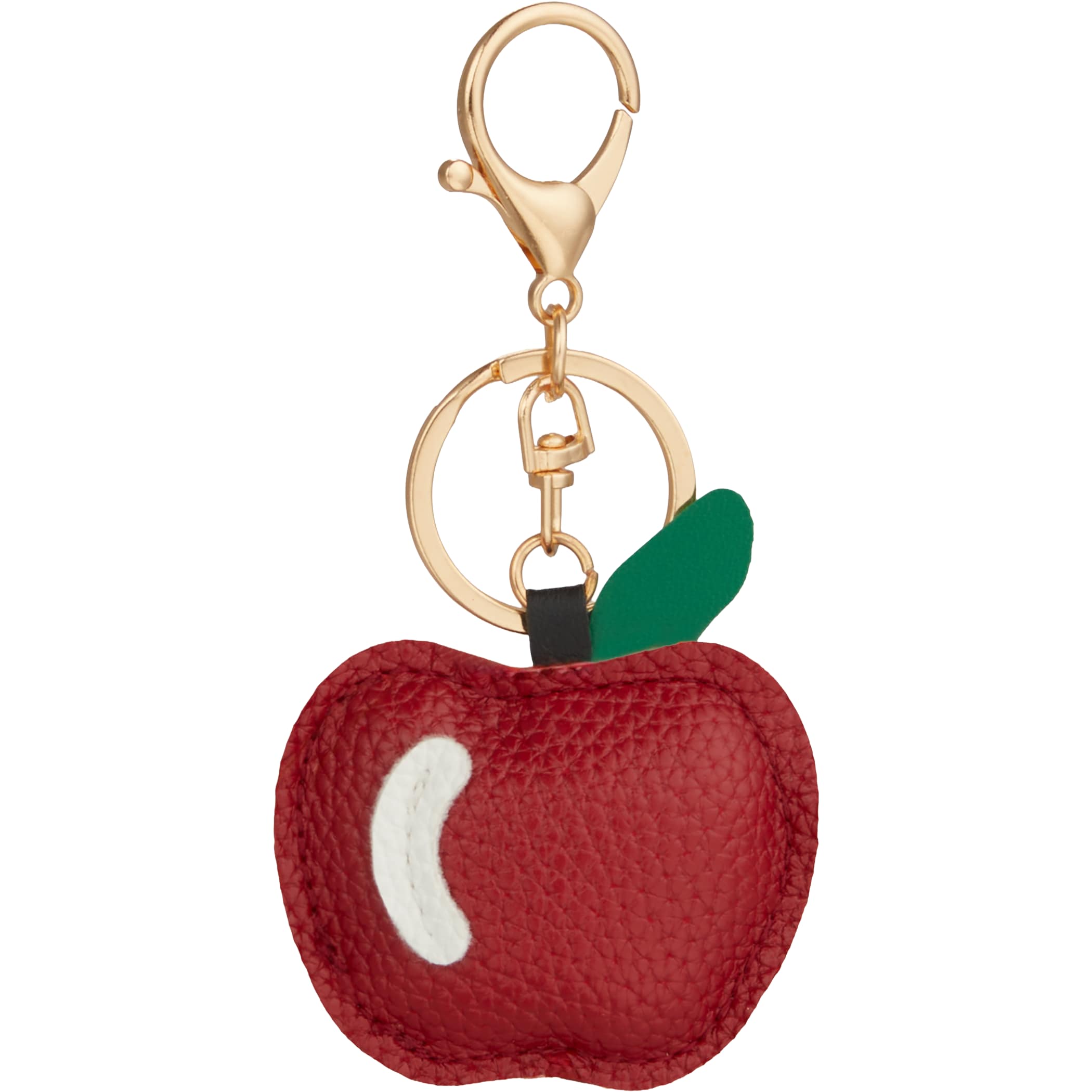 Apple-shaped PVC leather keychain with split key ring and lobster clip for easy attachment.