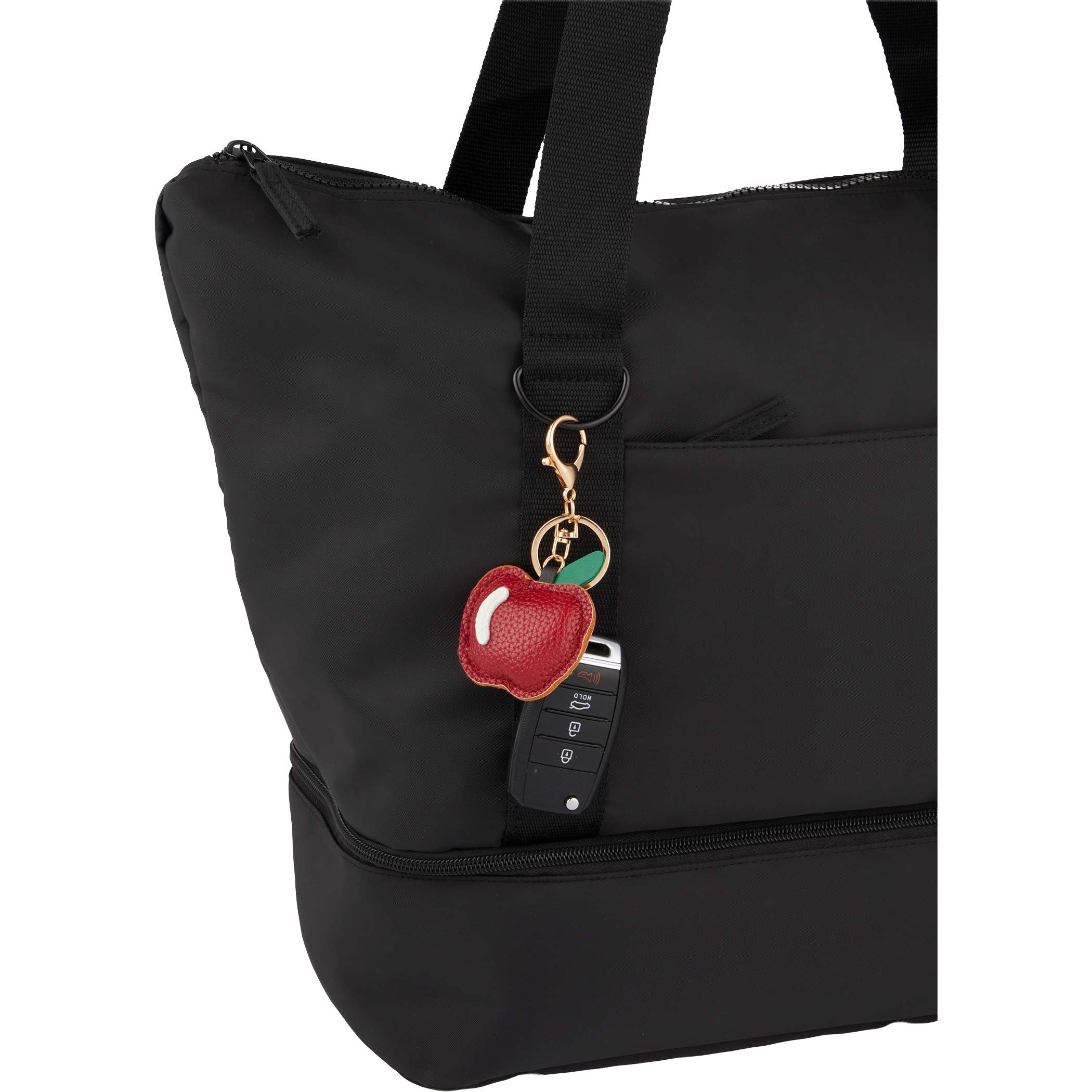 Apple-shaped PVC leather keychain with split key ring and lobster clip for easy attachment.