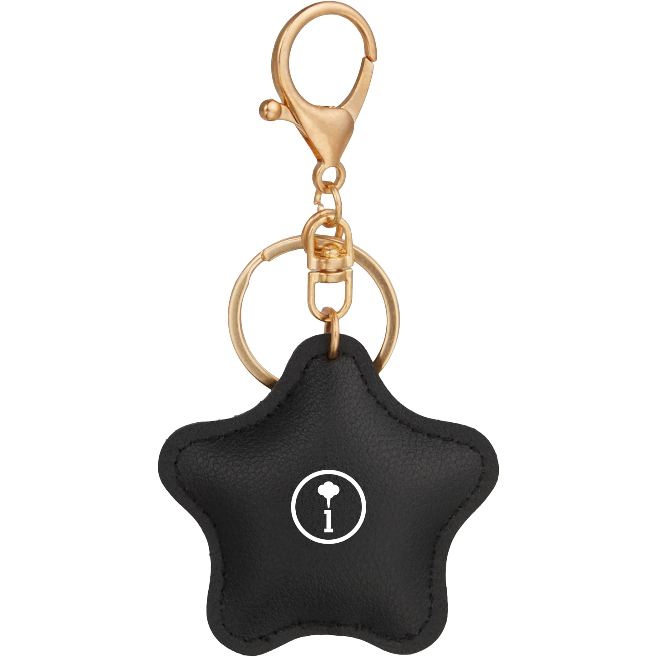 Black Star-shaped PVC leather keychain with split key ring and lobster clip for easy attachment.
