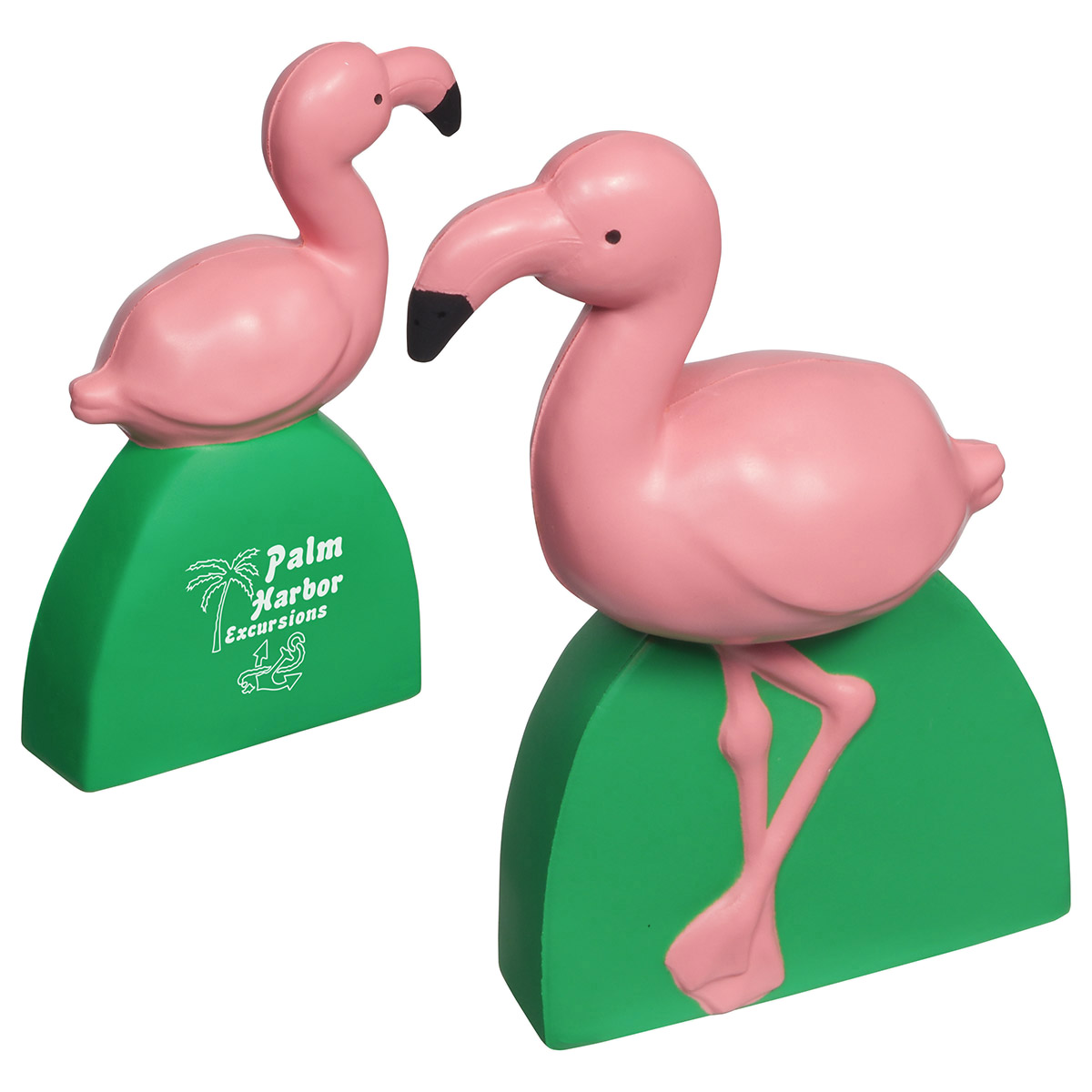 Pink flamingo-shaped polyurethane stress reliever with a playful tropical-inspired design for promotional and wellness events.