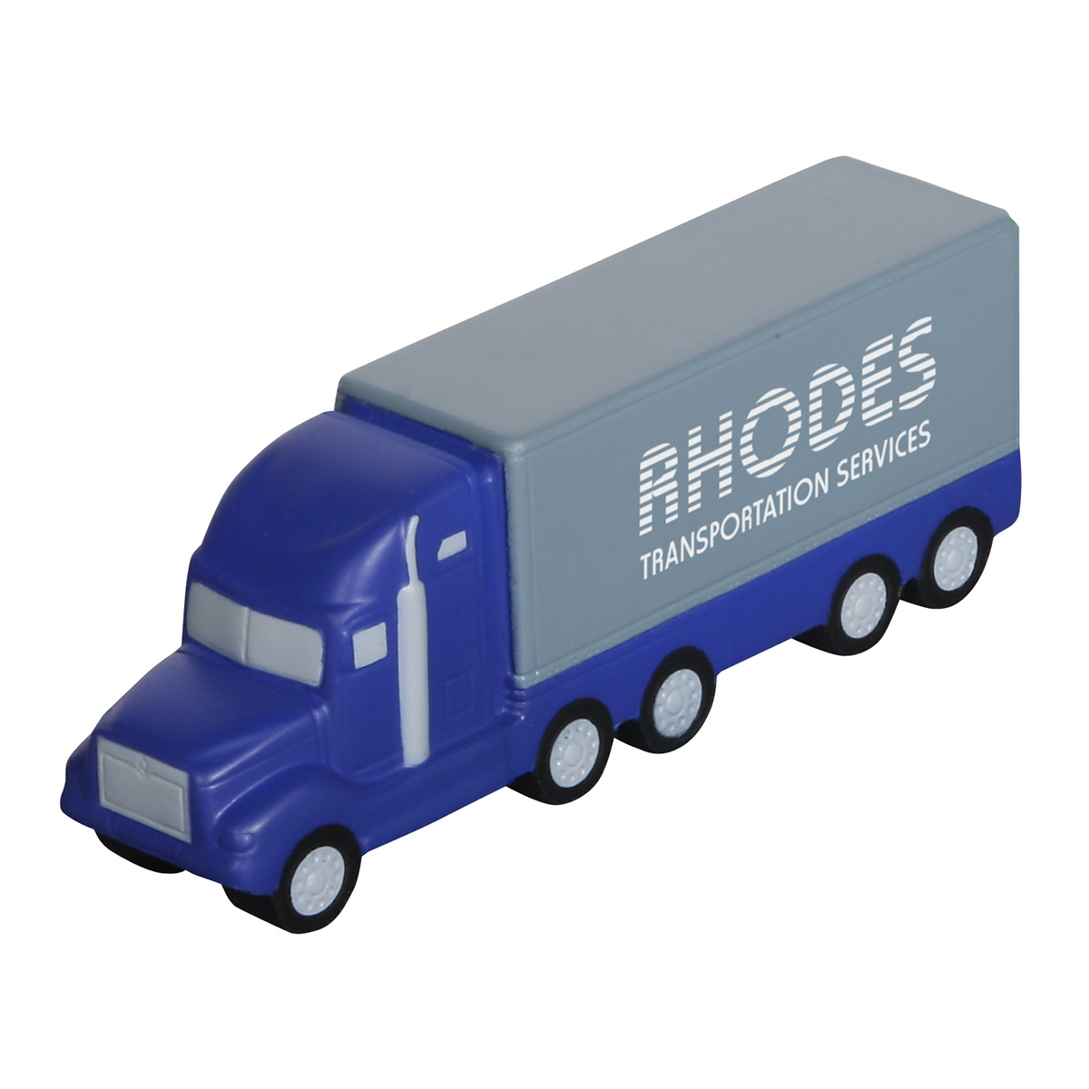 Blue Semi Truck Shaped Stress Reliever, soft squeezable stress toy in a detailed semi truck design, ideal for desk use and stress relief.