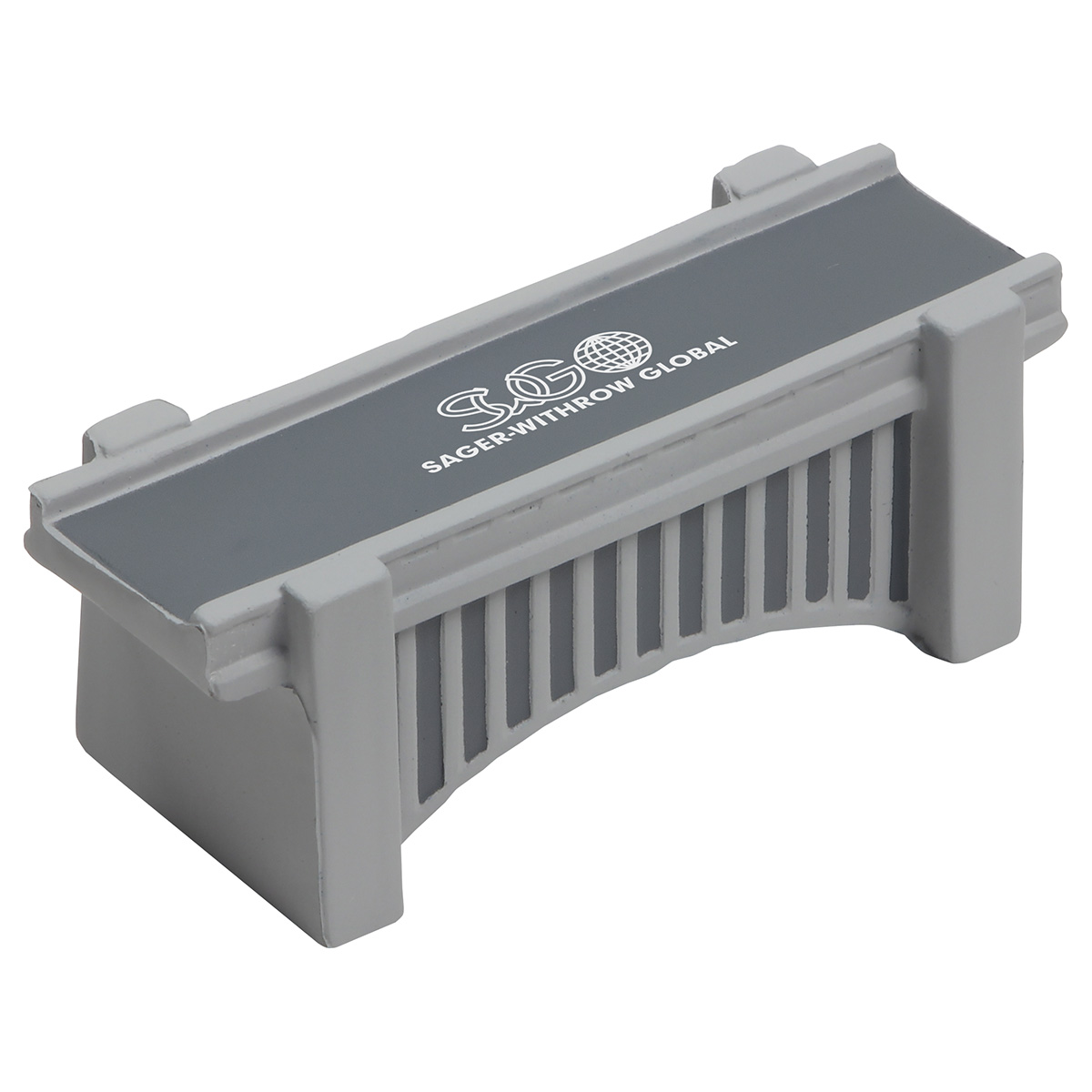 Gray bridge-shaped polyurethane stress reliever with a simple structural design for construction, engineering, transportation, and promotional events.