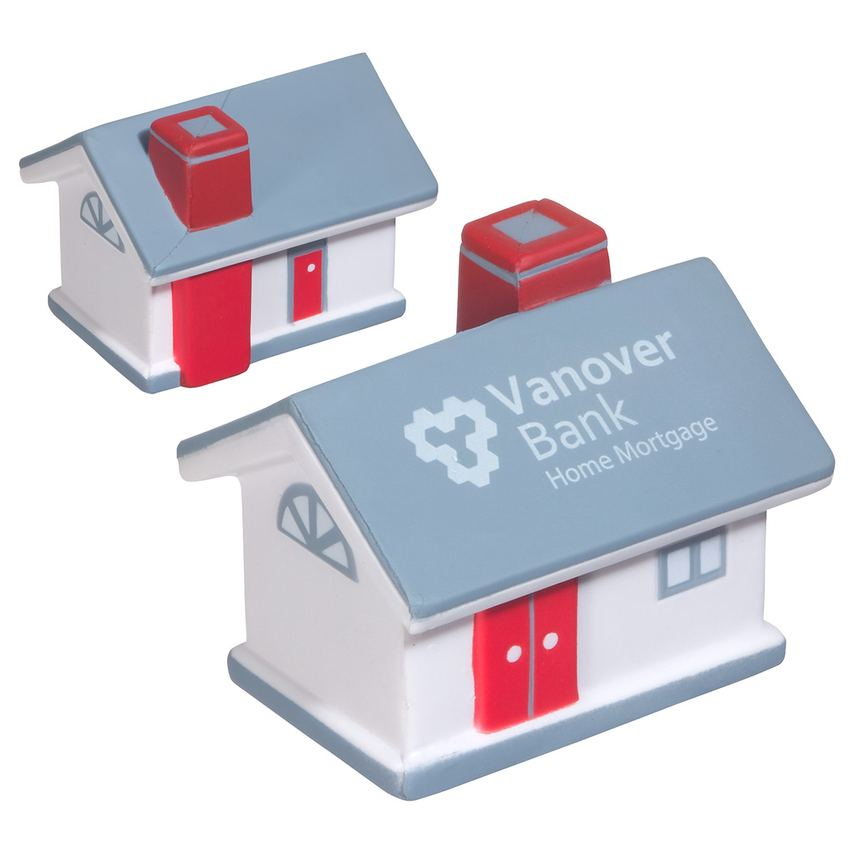 Gray house-shaped polyurethane stress reliever with a simple home-inspired design for real estate, construction, and promotional events.