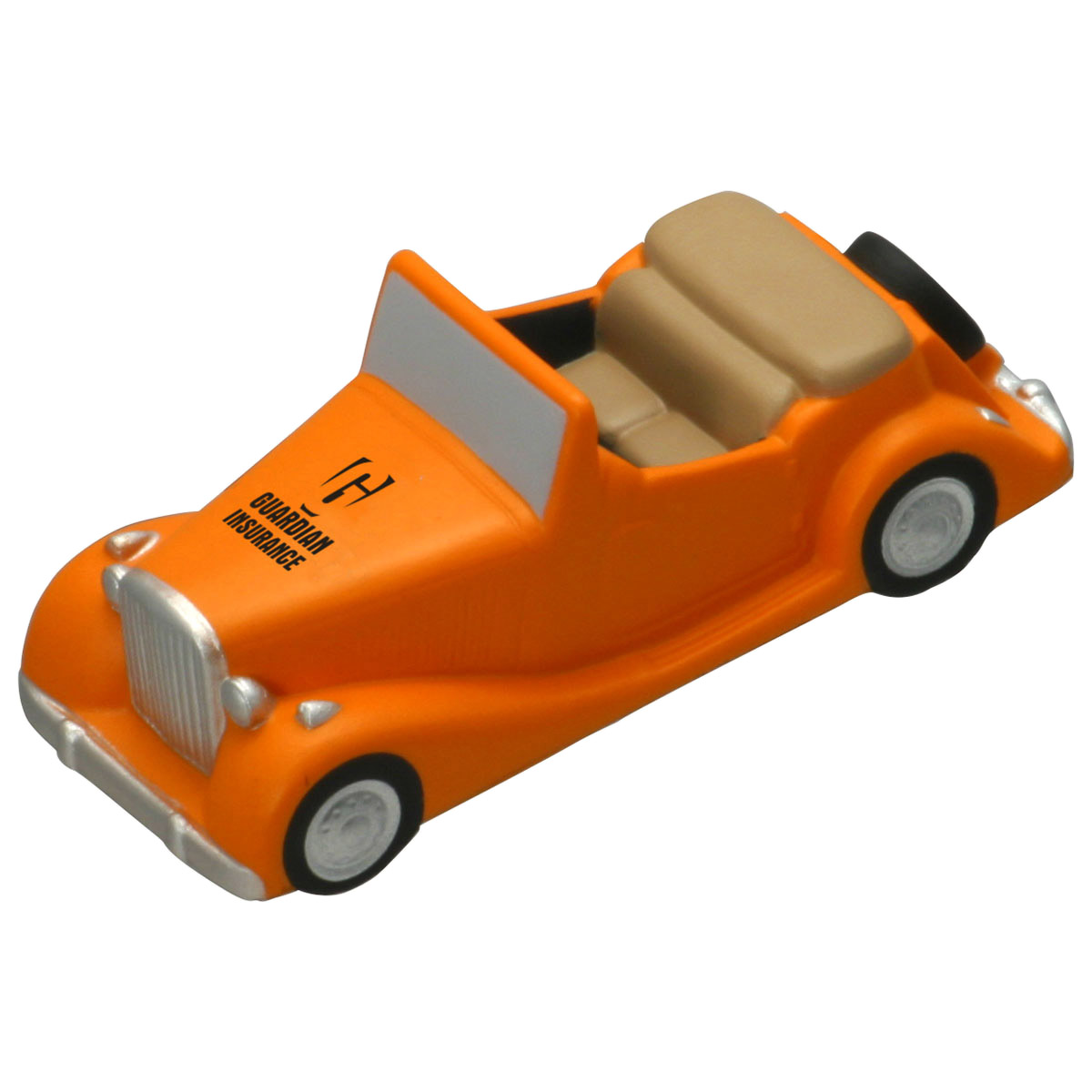 Orange Antique Car Shaped Stress Reliever with a detailed vintage automobile design, soft squeezable material, and compact size, ideal for desk use and stress relief.