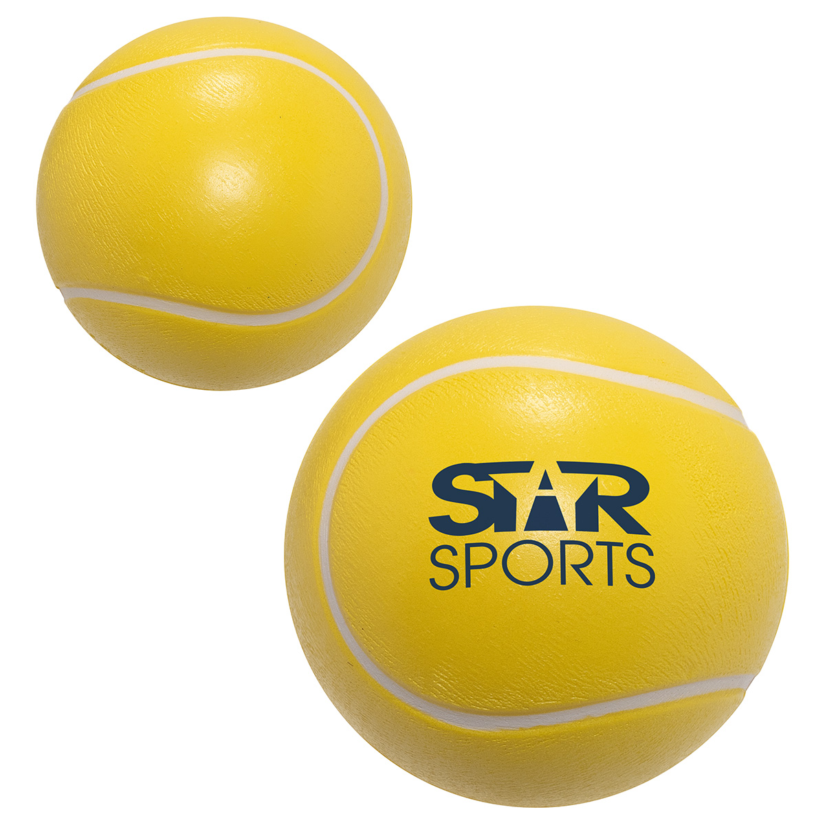 Yellow Tennis Ball Shaped Stress Reliever, bright yellow soft foam with realistic tennis ball detailing, designed as a squeezable desk accessory for stress relief.