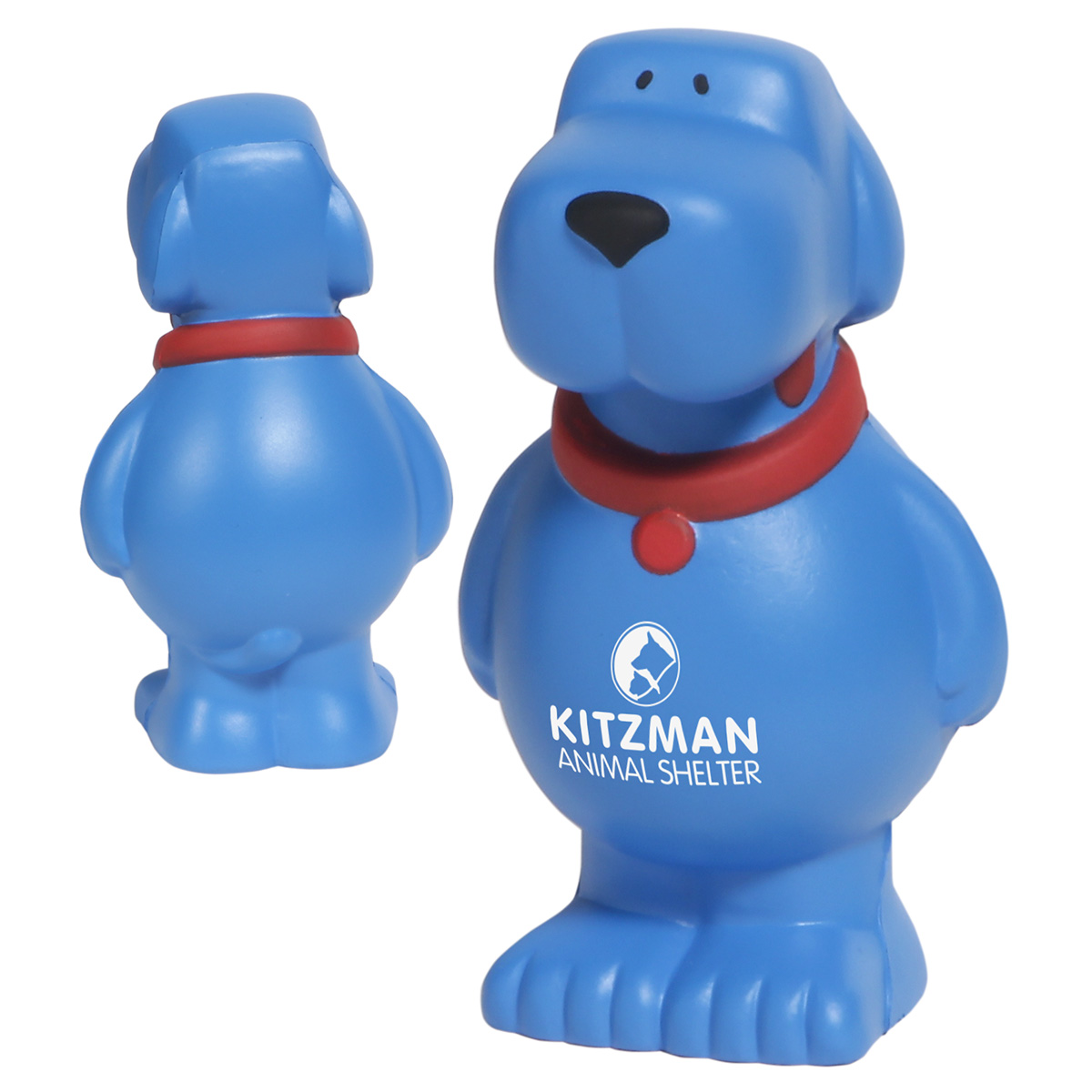 Blue Cartoon Dog Shaped Stress Reliever with a playful dog design, squeezable foam construction, and compact size for stress relief at a desk or workspace.