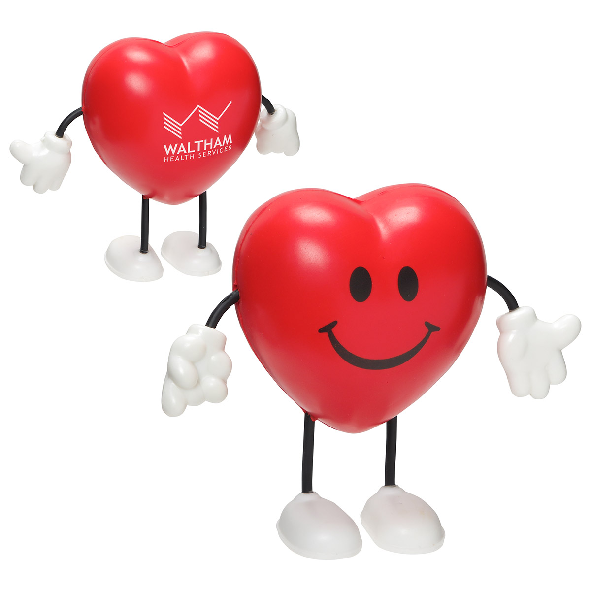 Red Valentine heart-shaped polyurethane stress reliever figure with a cheerful stock art face and space for promotional branding.