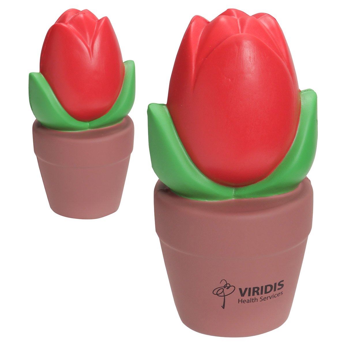 Tulip In Pot Shaped Stress Reliever featuring a soft, squeezable green tulip with a yellow flower center in a small red flower pot, designed for stress relief on desks and workspaces.